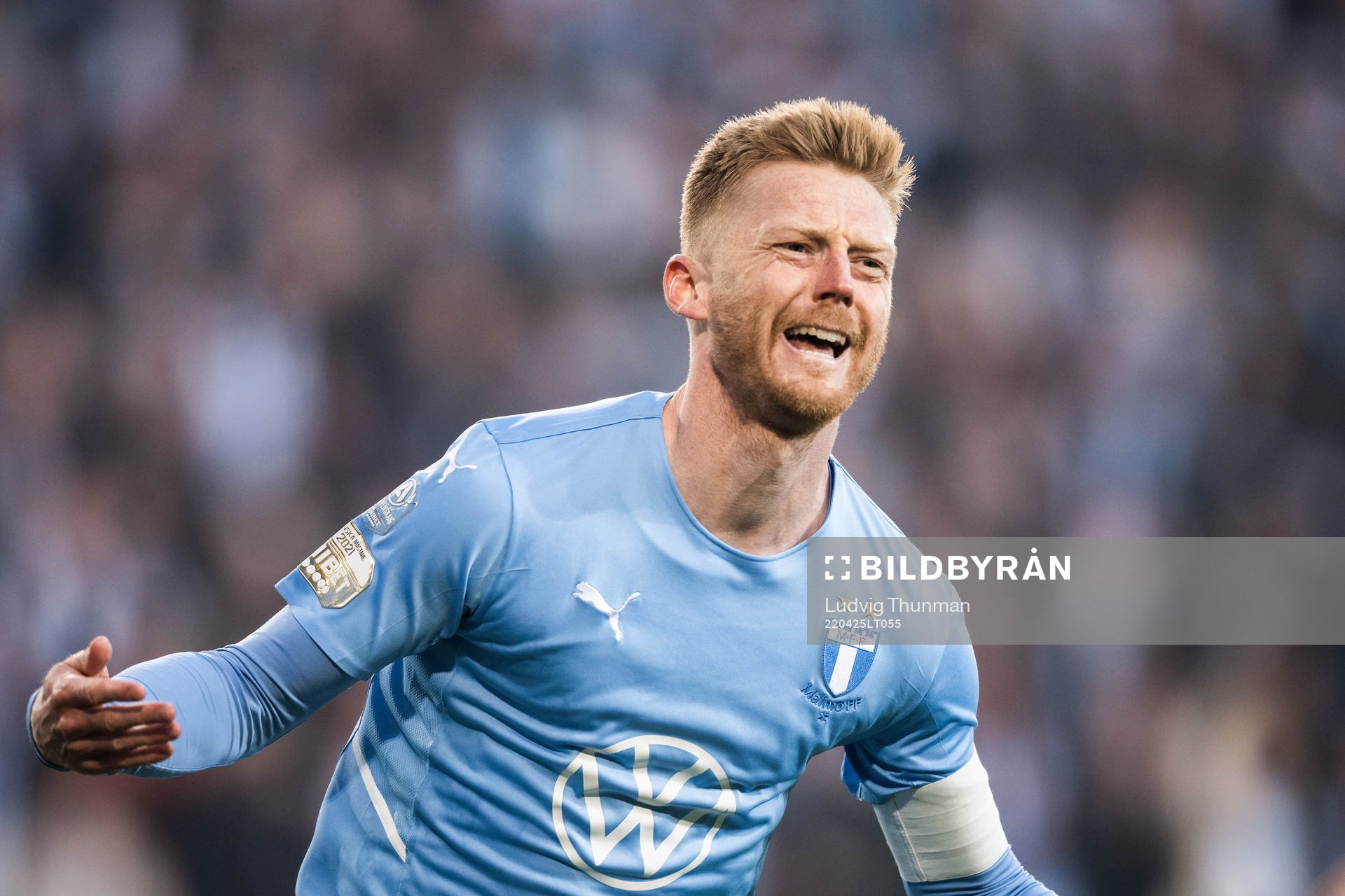 Malmö FFs Anders Christiansen jublar efter 1-0 under fotbollsmatchen i Allsvenskan mellan Malmö FF och IFK Göteborg den 25 april 2022 i Malmö.