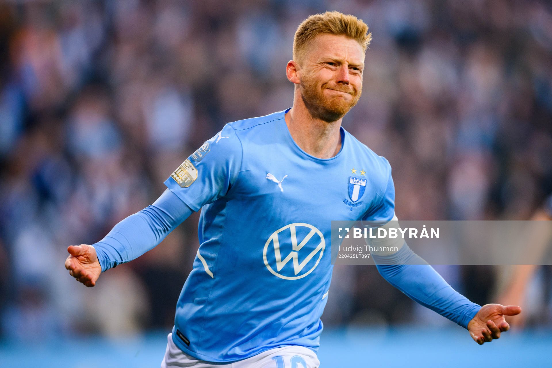Malmö FFs Anders Christiansen jublar efter han gjort 1-0 på straff fotbollsmatchen i Allsvenskan mellan Malmö FF och IFK Göteborg den 25 april 2022 i Malmö.