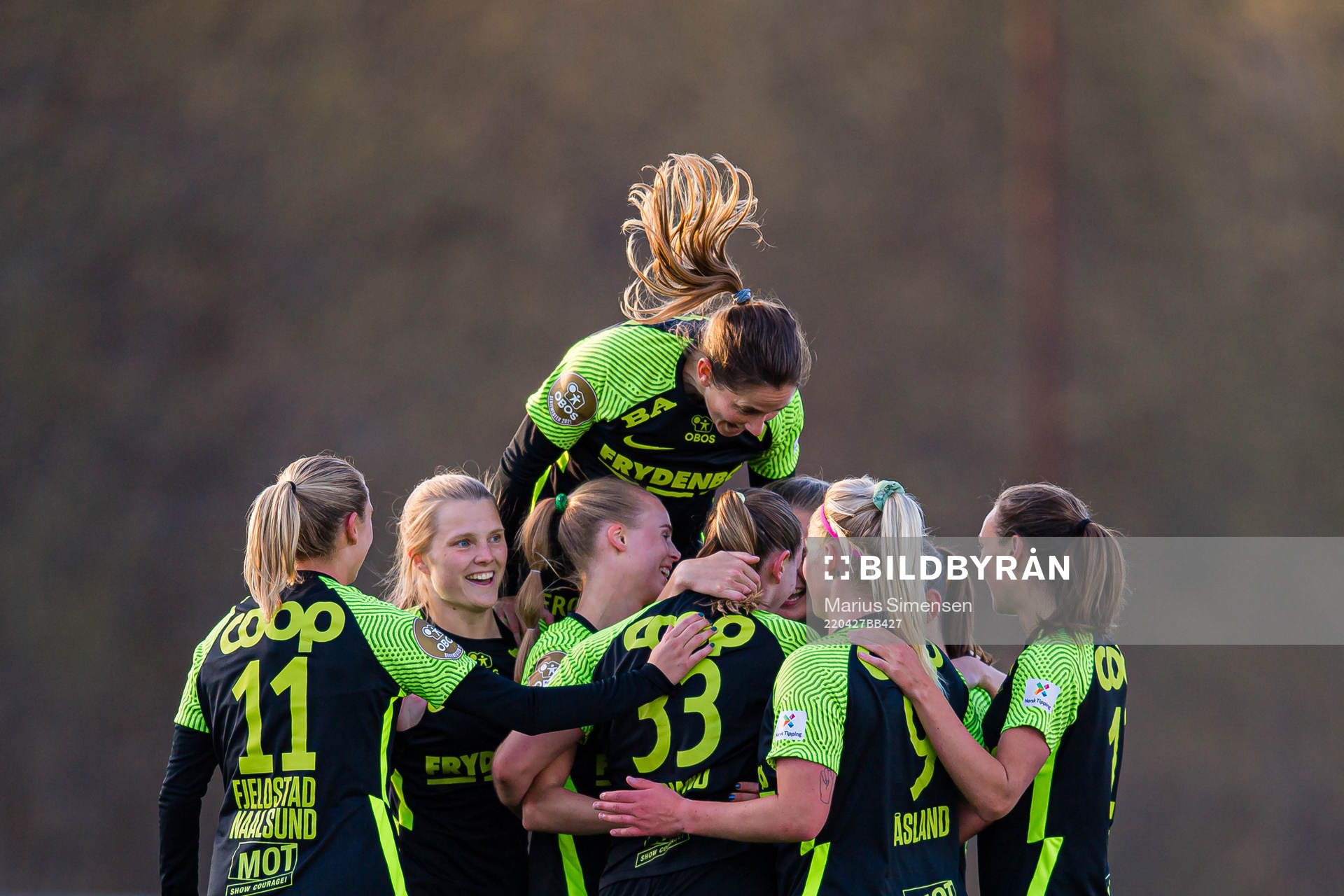 Elisabeth Terland of Brann celebrates with Ingrid Ryland after scoring the 0-2 goal during the Toppserien football match between Lyn and Brann on April 27, 2022 in Oslo.
