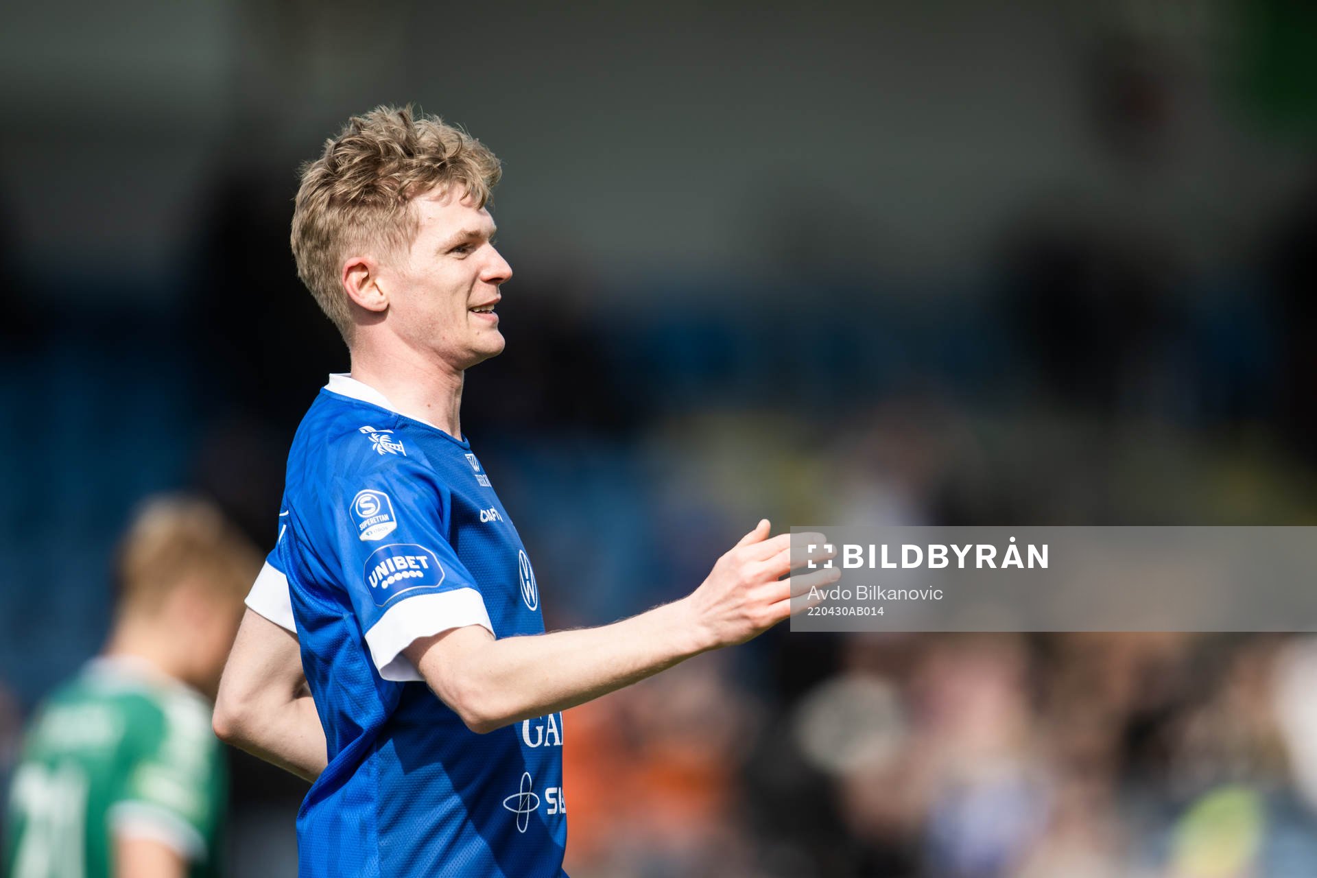 Trelleborgs Fritiof Björkén jublar under fotbollsmatchen i Superettan mellan Trelleborg och Brage den 30 april 2022 i Trelleborg. 
