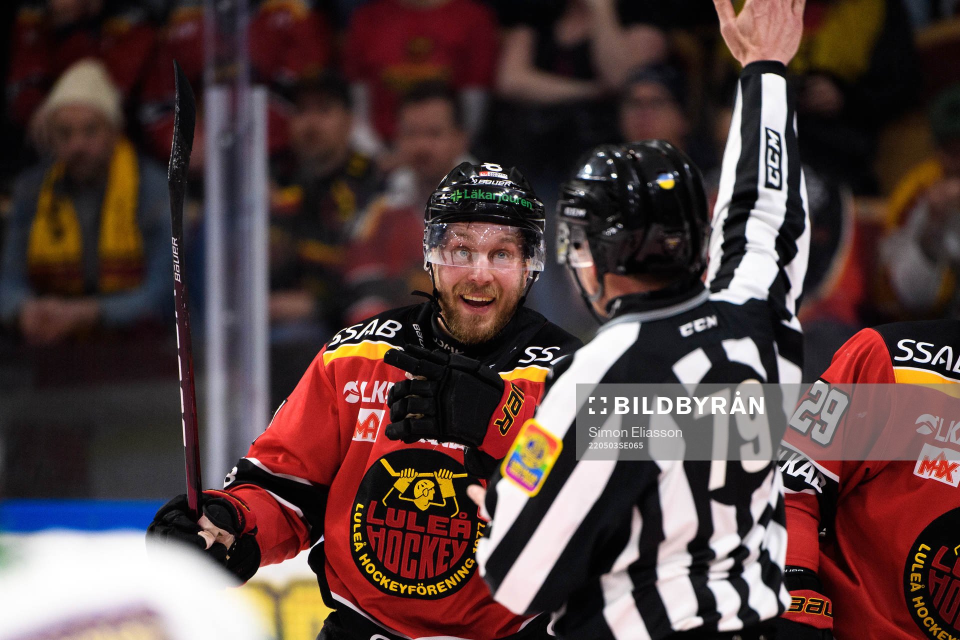 Luleås Juhani Tyrväinen reagerar mot linjedomare Henrik