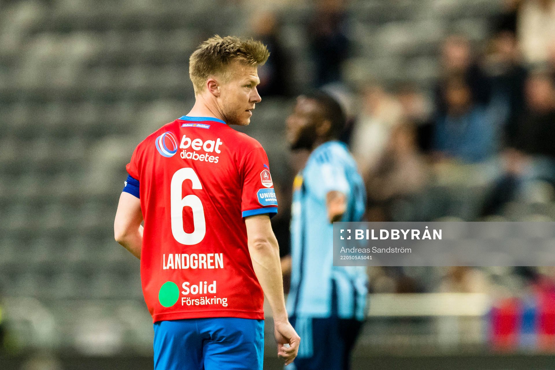 Helsingborgs Andreas Landgren under fotbollsmatchen i Allsvenskan mellan Djurgården och Helsingborg den 5 maj 2022 i Stockholm. 