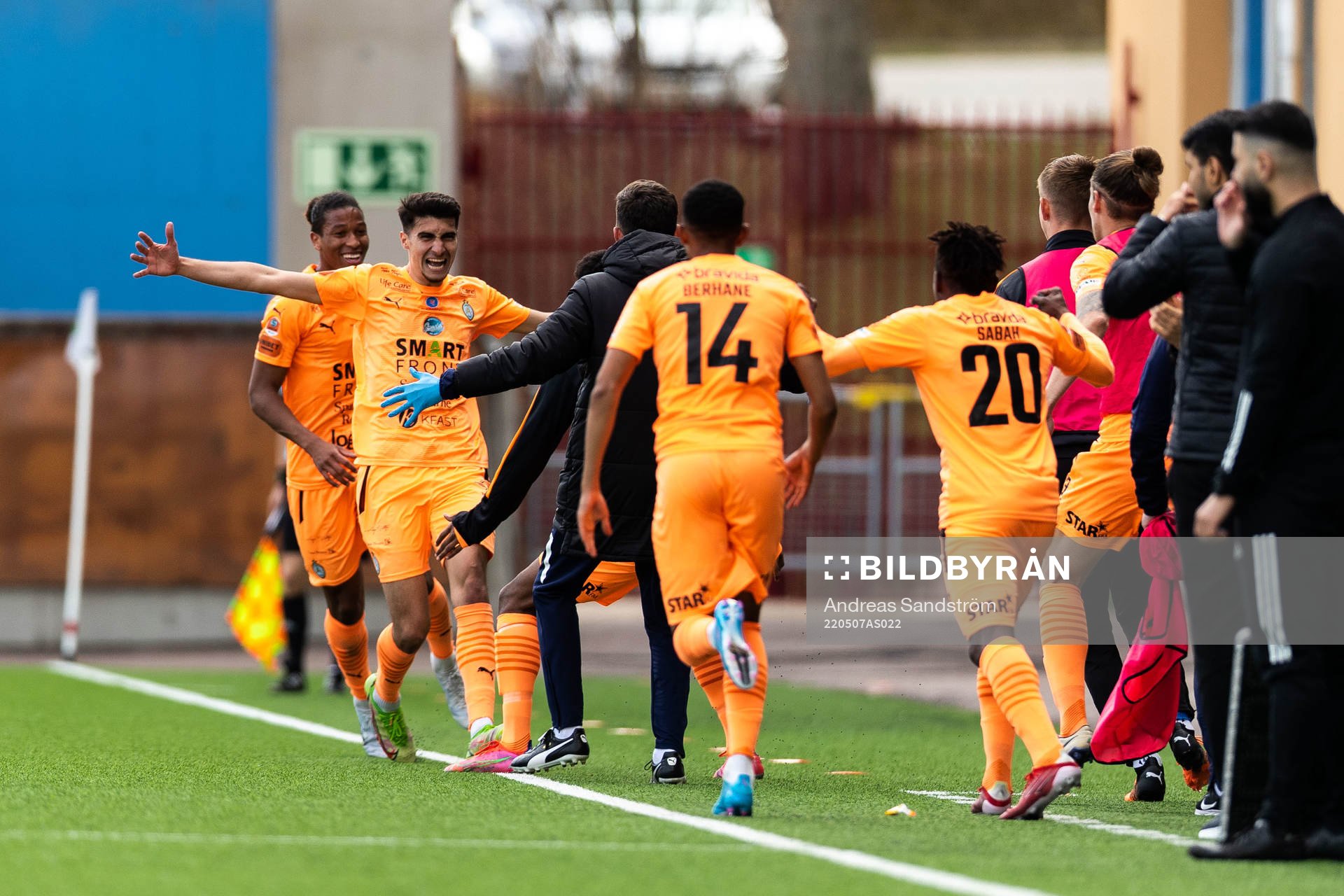 AFC Eskilstunas Amar Muhsin jublar efter 4-2 under fotbollsmatchen i Superettan mellan AFC Eskilstuna och Västerås SK den 7 maj 2022 i Eskilstuna.