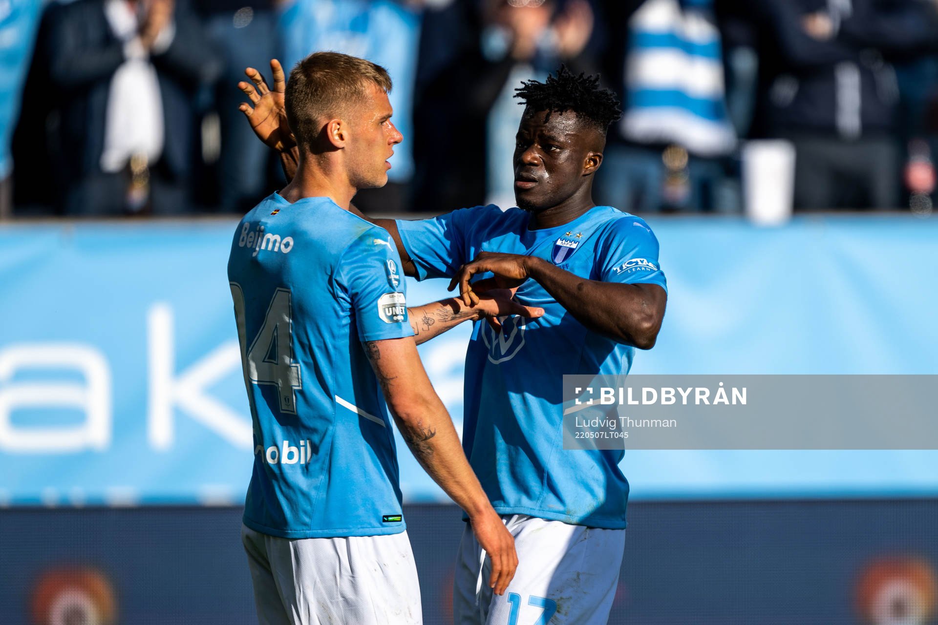 Malmö FFs Malik Abubakari jublar efter 1-0 under fotbollsmatchen i Allsvenskan mellan Malmö FF och Mjällby den 7 maj 2022 i Malmö. 