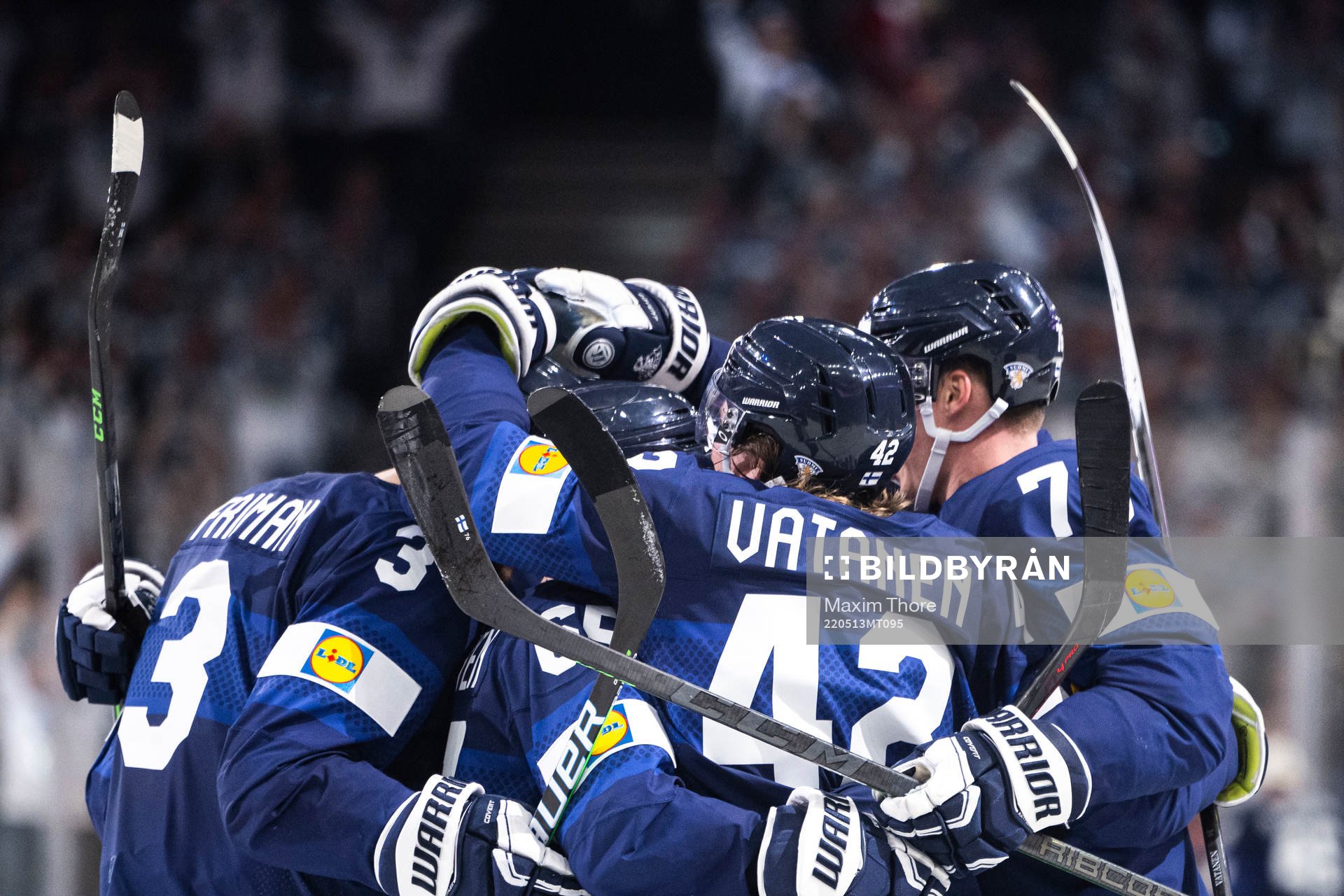 Jere Sallinen of Finland celebrate with teammates
