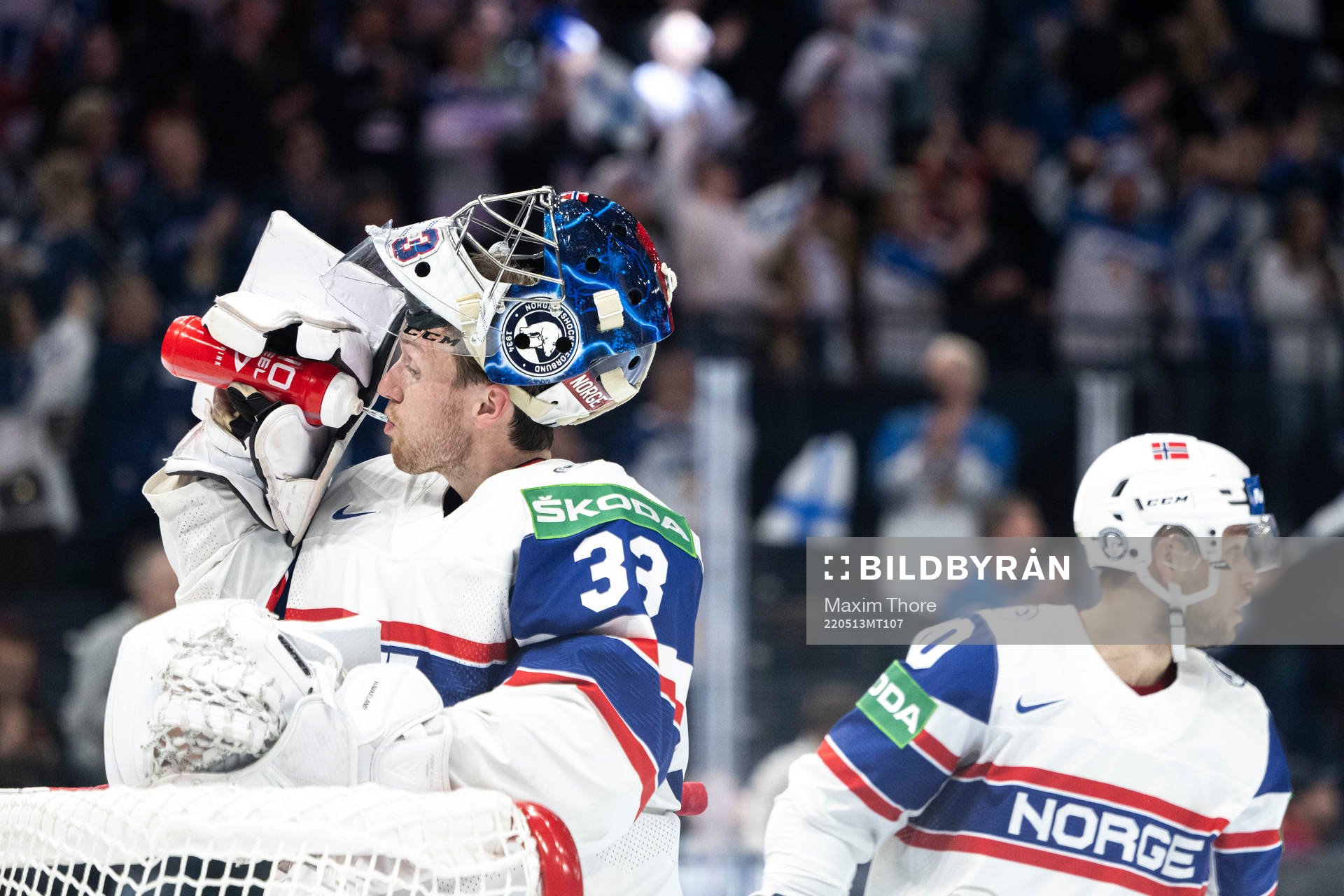Goaltender Henrik Haukeland of Norway looks dejected