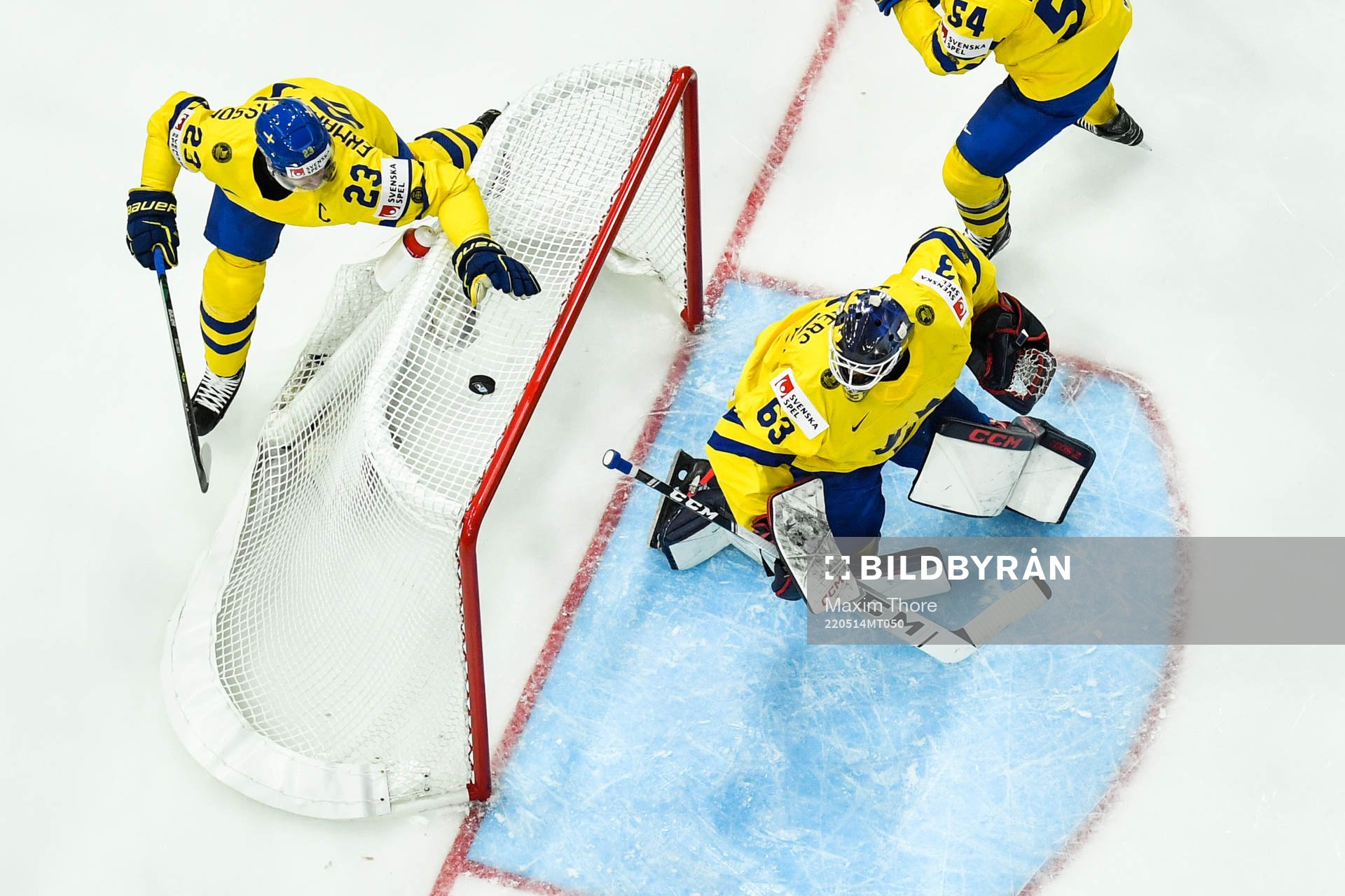 Oliver Ekman Larsson and goaltender Marcus Högberg of