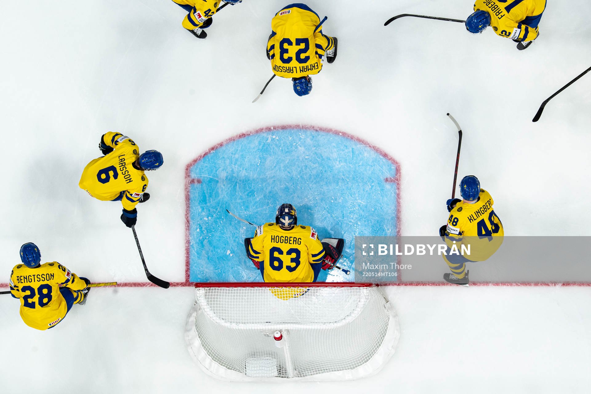 The players of Sweden gather around goaltender Marcus
