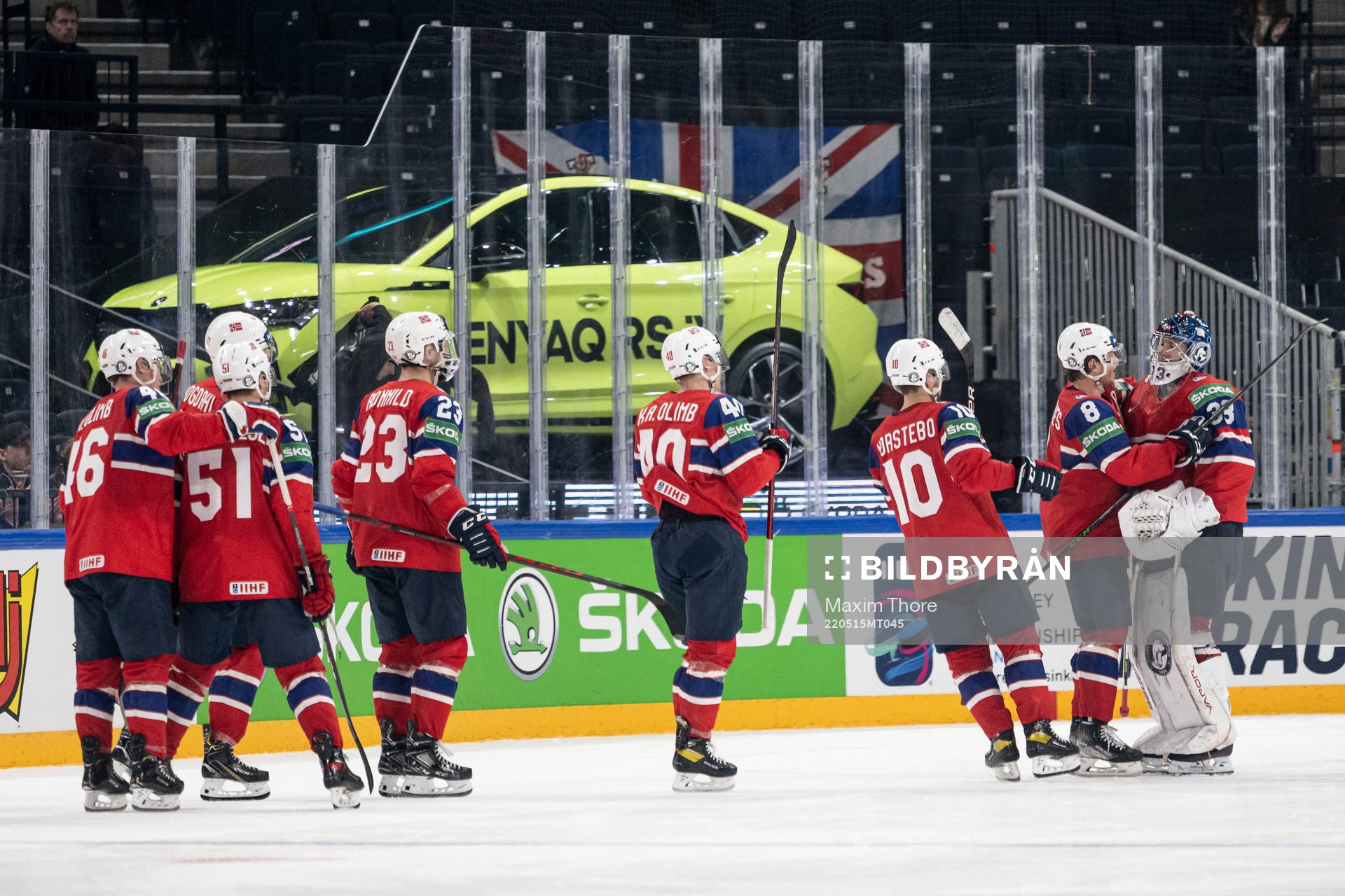 Goaltender Henrik Haukeland of Norway celebrate with