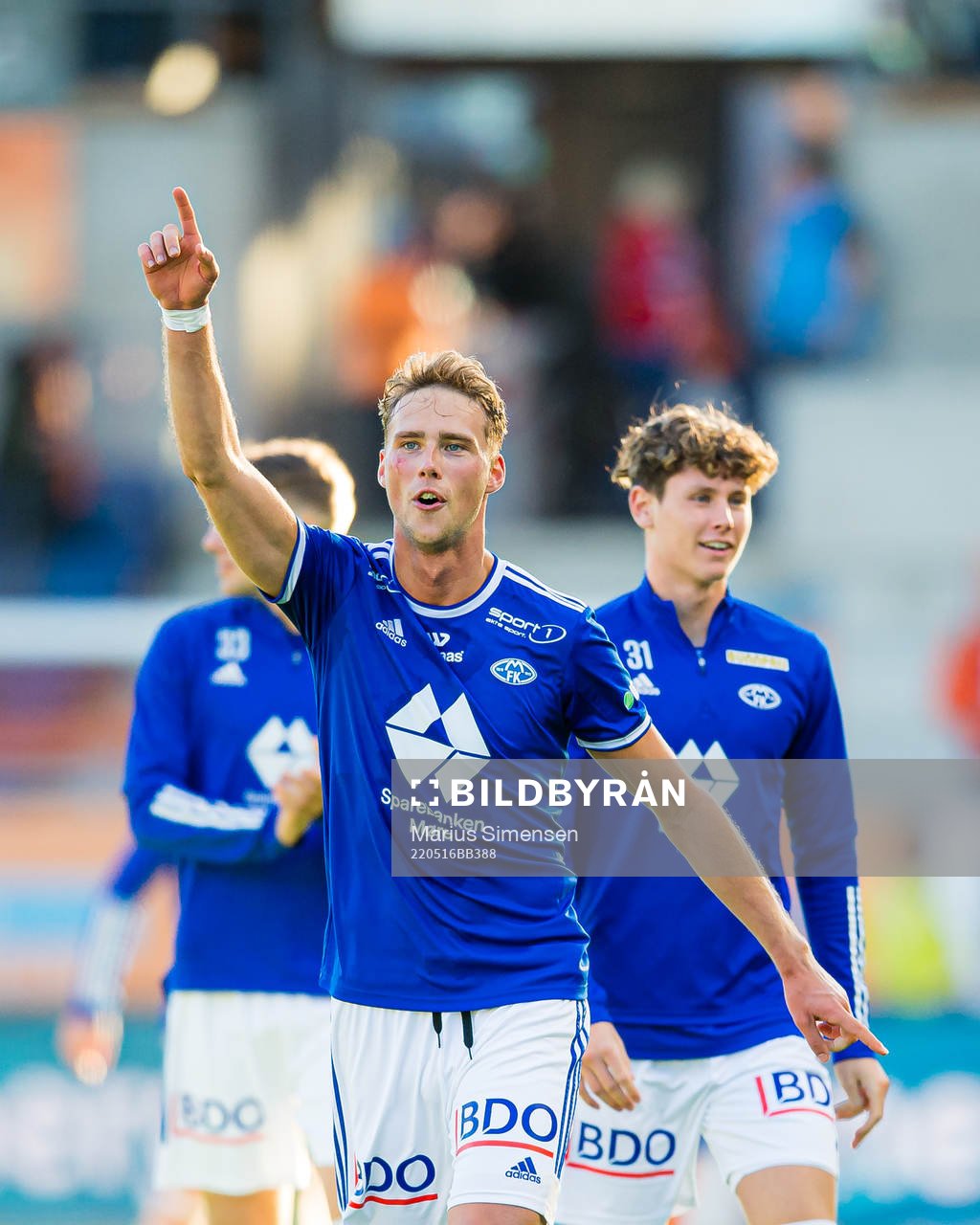 Magnus Retsius Grødem of Molde celebrates after the Eliteserien match between Aalesund and Molde on May 16, 2022 in Ålesund.
