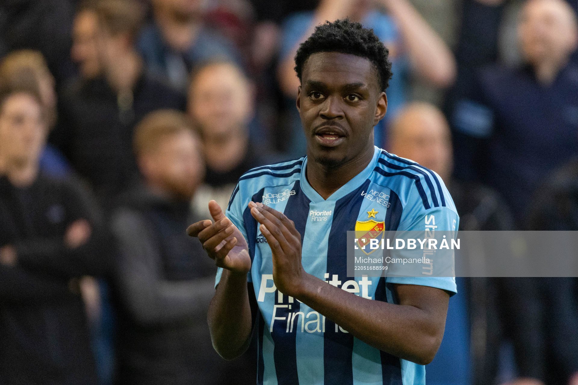 Djurgårdens Joel Asoro under fotbollsmatchen i Allsvenskan mellan Djurgården och Malmö FF den 16 maj 2022 i Stockholm. 