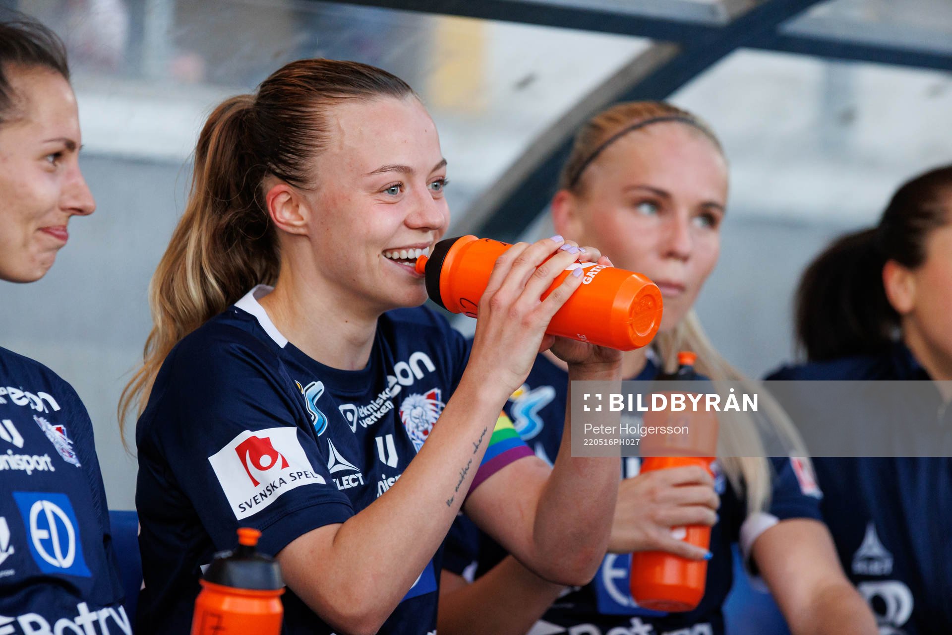 Linköpings Olga Ahtinen jublar efter fotbollsmatchen i Damallsvenskan mellan Linköping och Djurgården den 16 maj 2022 i Linköping.