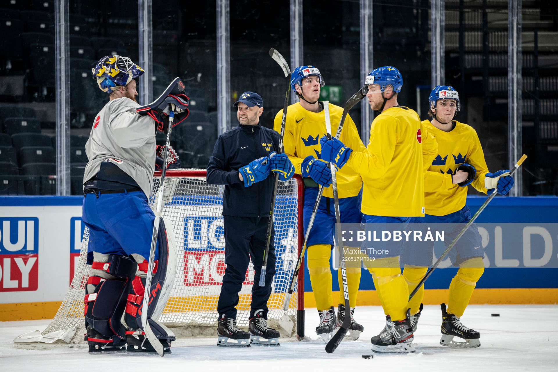 Goaltender coach Stefan Ladhe of Sweden at a practice