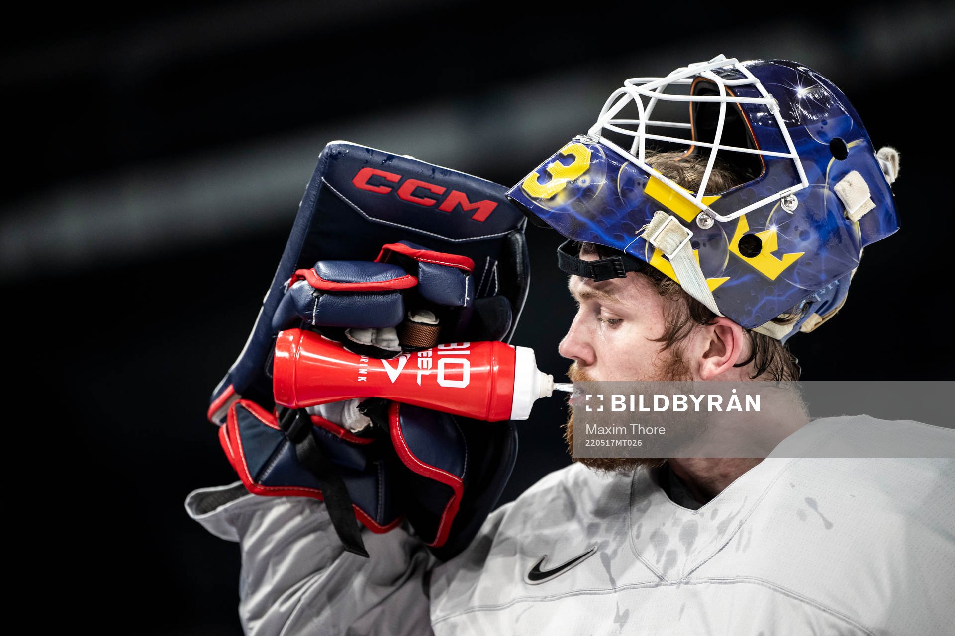 Goaltender Marcus Högberg of Sweden at a practice session