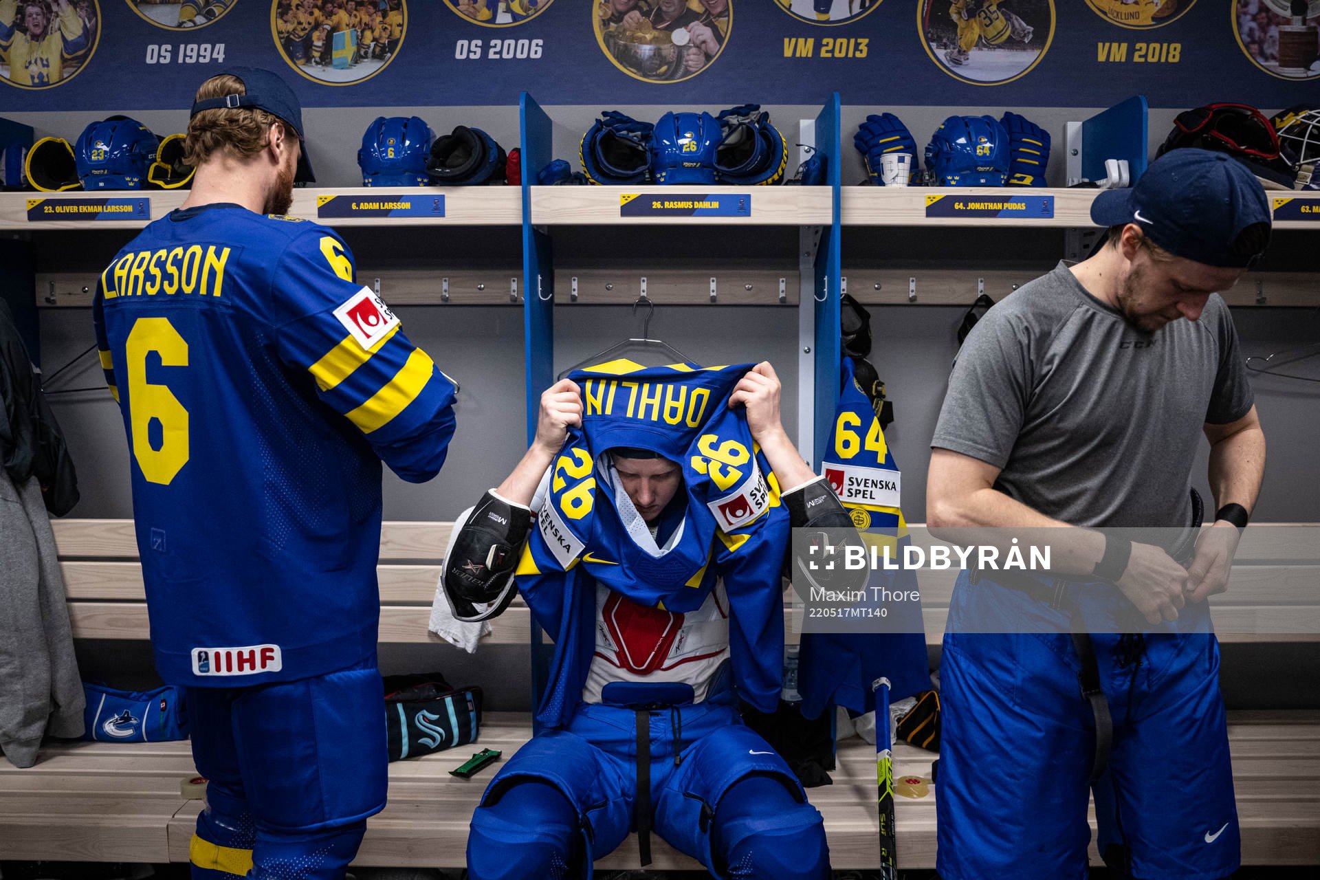 Adam Larsson, Rasmus Dahlin and Jonathan Pudas of Sweden