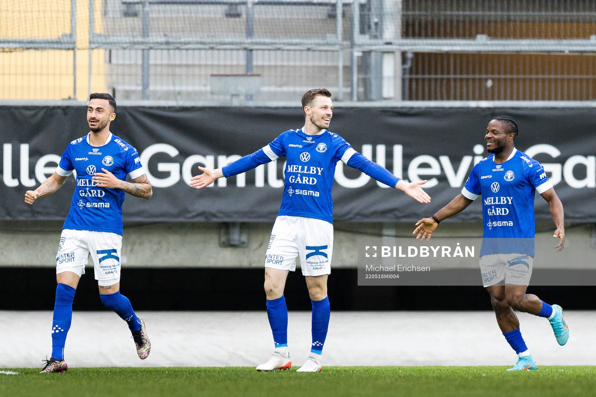 Trelleborgs spelare jublar efter 0-1 under fotbollsmatchen i Superettan mellan Örgryte och Trelleborg den 18 maj 2022 i Göteborg.