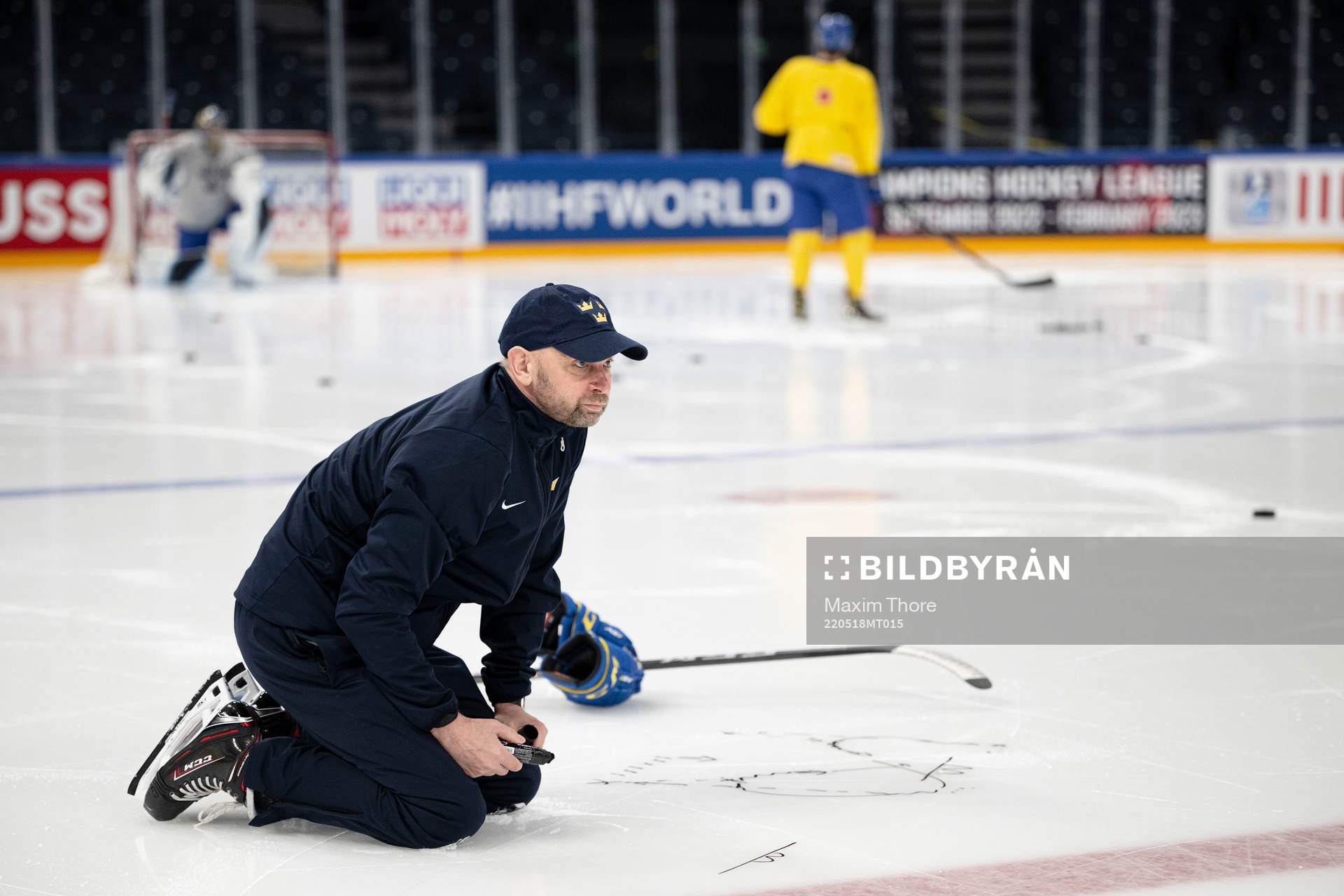 Goaltender coach Stefan Ladhe of Sweden at a practice
