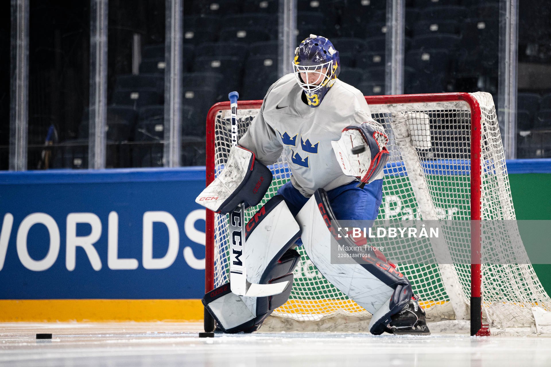 Goaltender Oscar Dansk of Sweden at a practice session