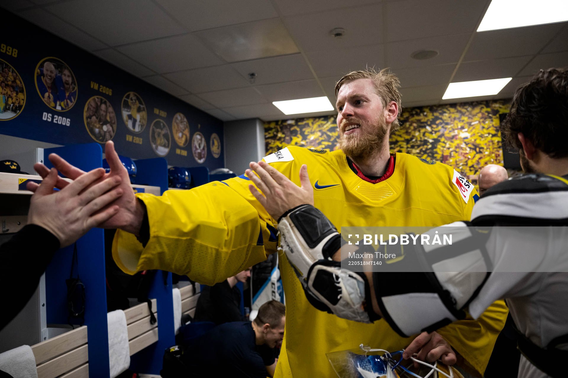 Goaltender Magnus Hellberg of Sweden celebrate with