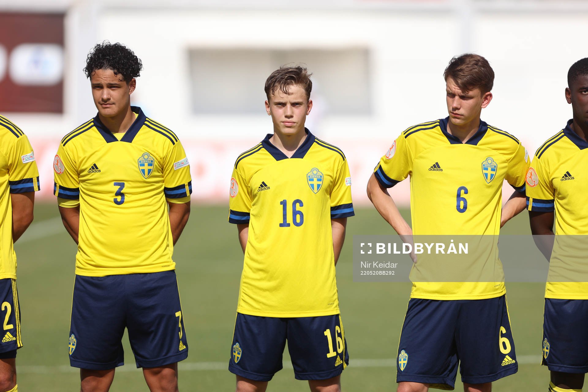 André Alvarez Perez, Ludwig Malachowski Thorell and Kazper Karlsson of Sweden ahead of the UEFA Under-17 between Sweden and Portugal on May 20, 2022 in Tel Aviv.