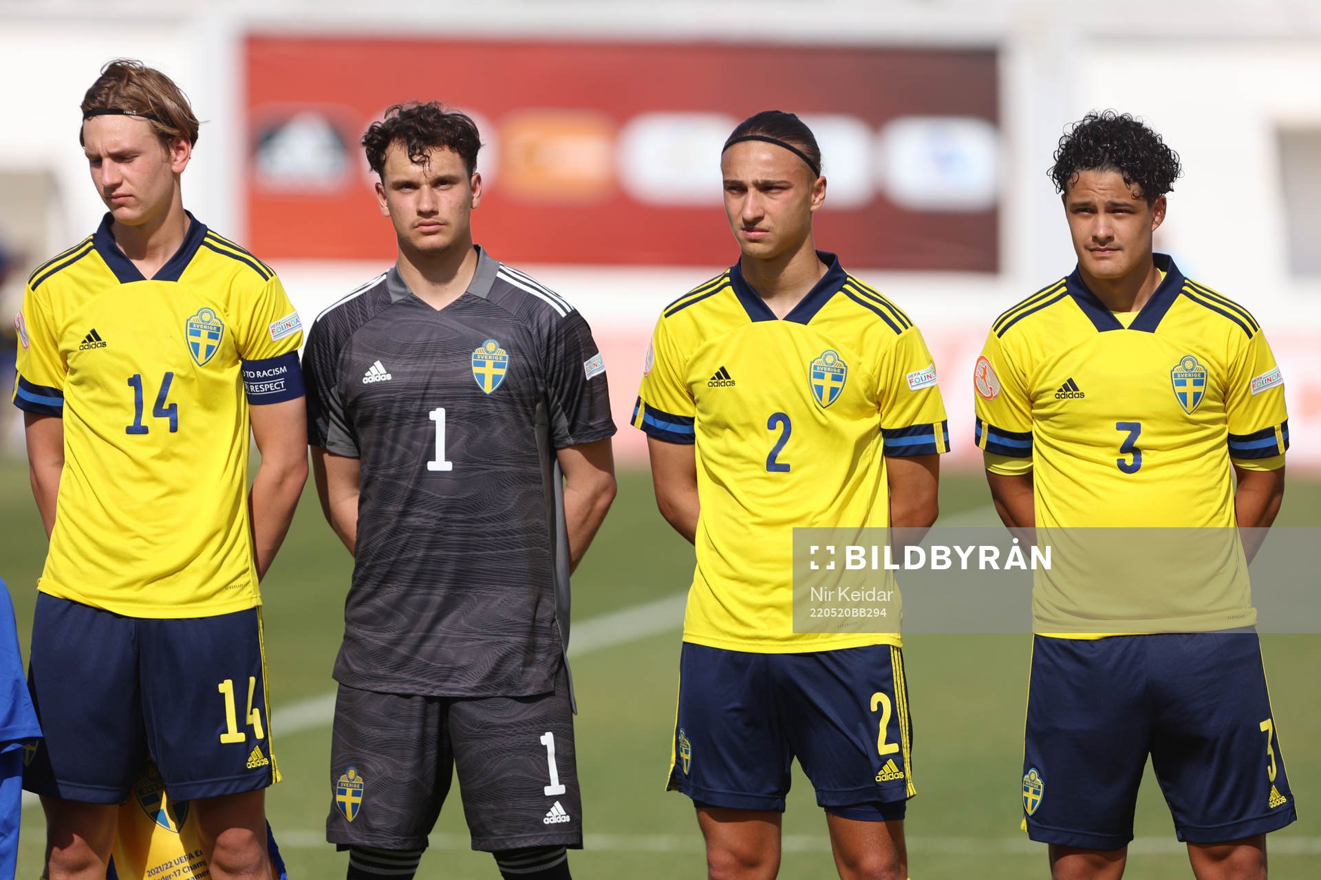 Fredrik Nissen , goalkeeper Elis Bishesari , Elison Makolli and André Alvarez Perez of Sweden ahead of the UEFA Under-17 between Sweden and Portugal on May 20, 2022 in Tel Aviv.