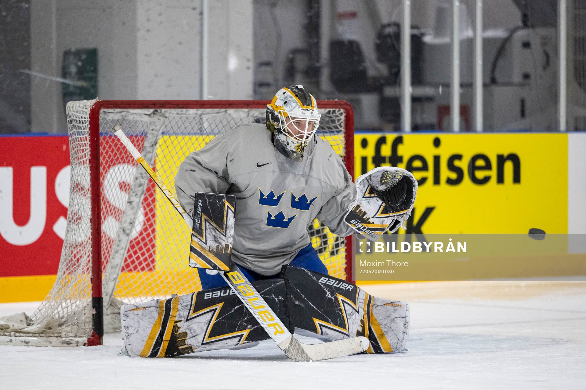 Goaltender Linus Ullmark at a practice session with Sweden