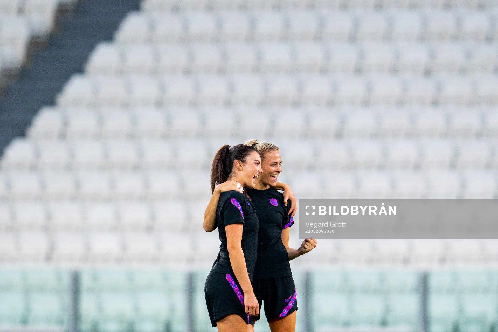 Ingrid Syrstad Engen and Fridolina Rolfö of Barcelona after a training session ahead of the UEFA Women's Champions League final on May 20, 2022 in Turin.