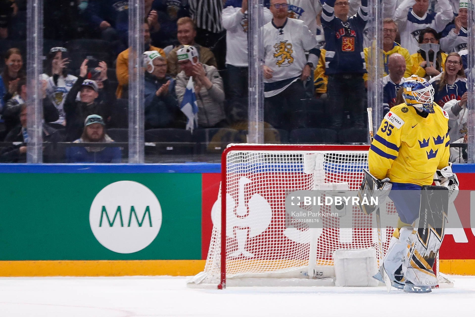 Goaltender Linus Ullmark of Sweden looks dejected