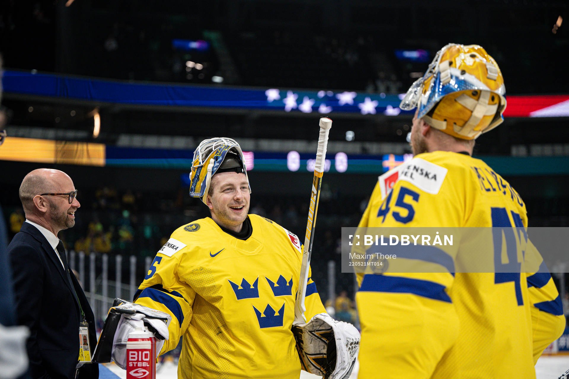 Goaltender coach Stefan Ladhe, goaltender Linus Ullmark and