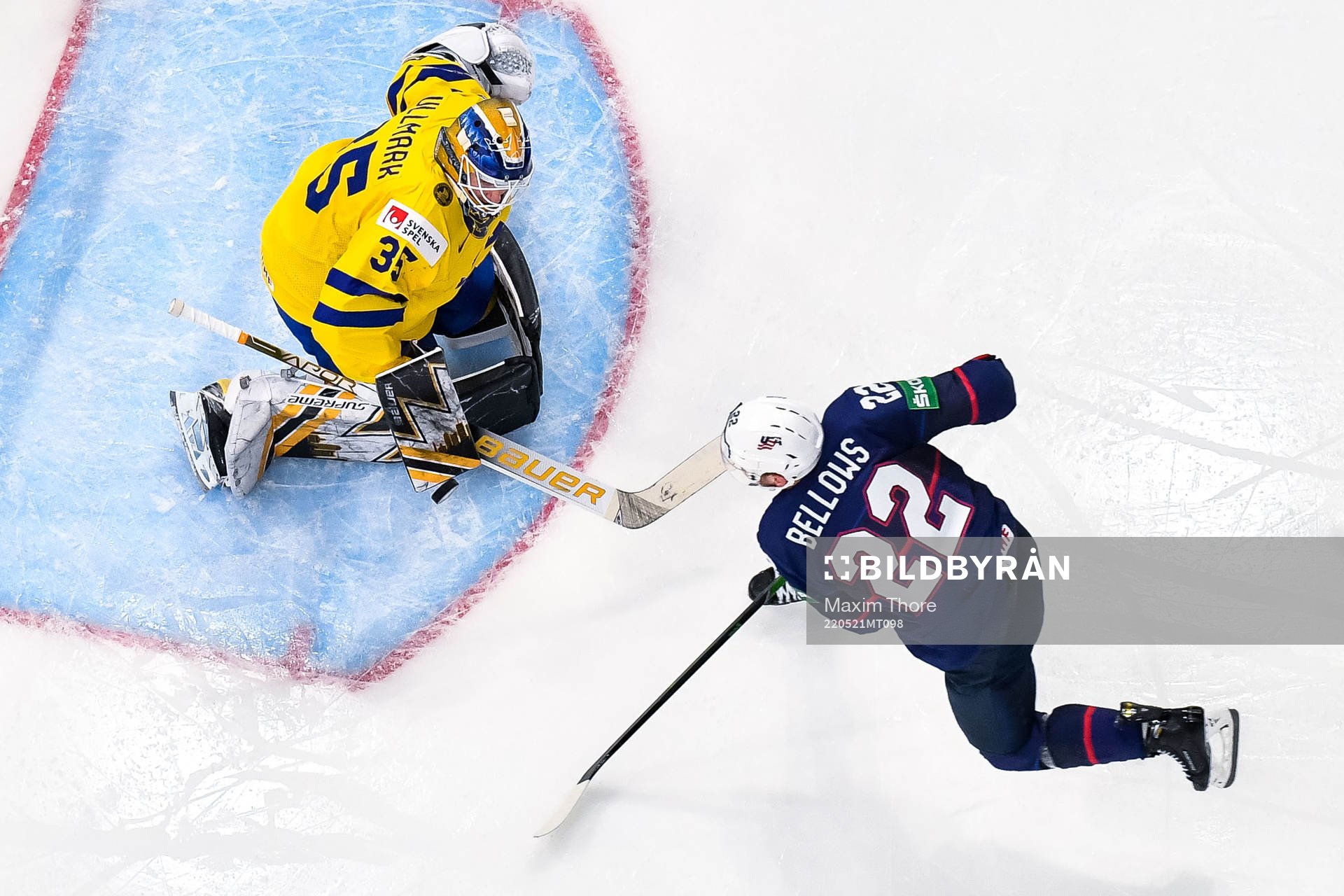 Goaltender Linus Ullmark of Sweden and Kieffer Bellows of