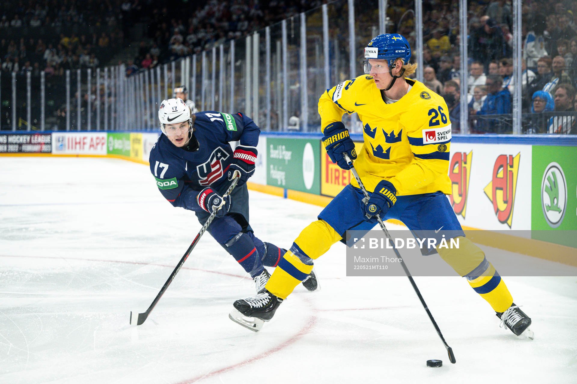 Adam Gaudette of USA and Rasmus Dahlin of Sweden