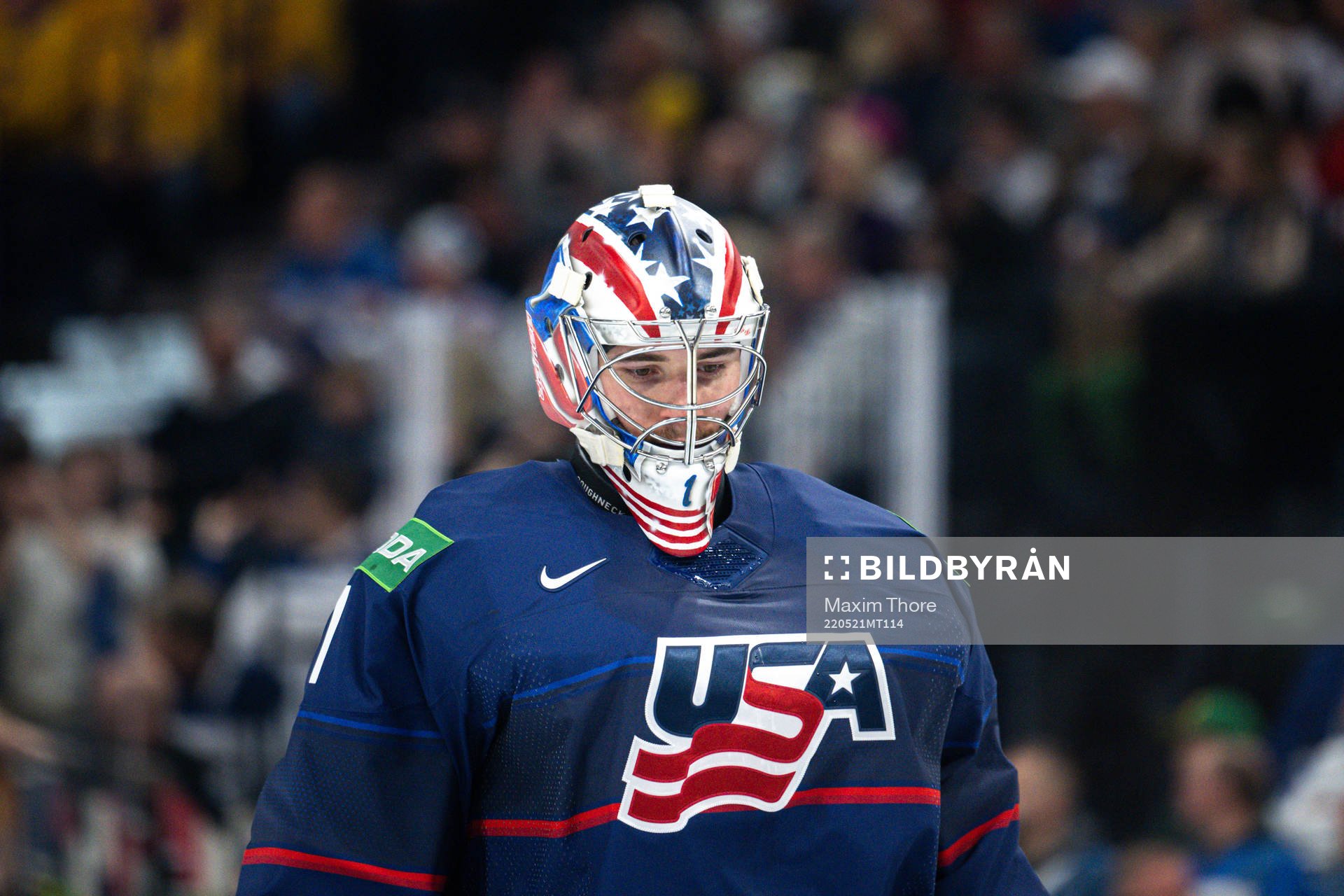 Goaltender Jeremy Swayman of USA