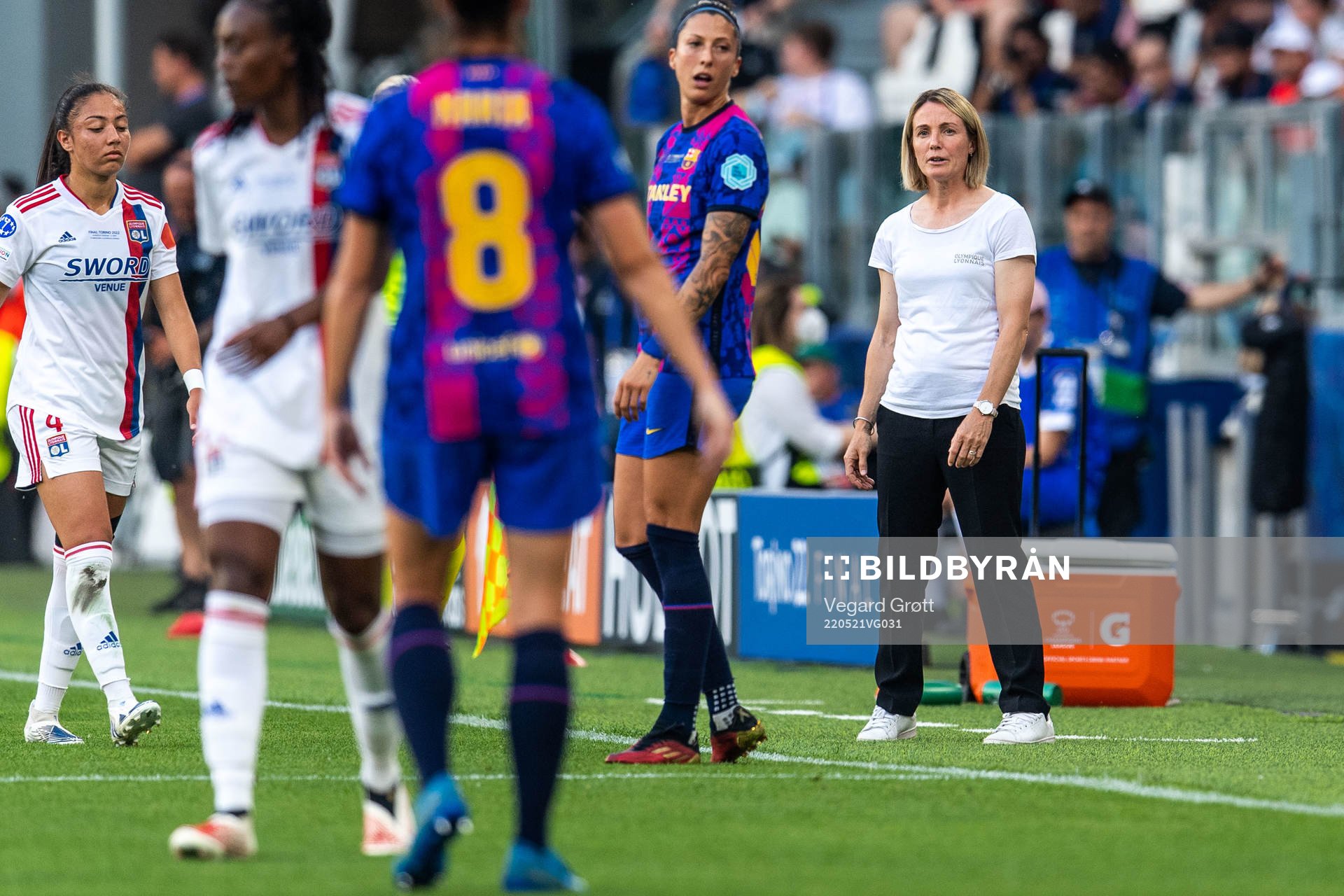 Sonia Bompastor, head coach of Lyon, during the UEFA Women's Champions League final match between Barcelona and Lyon on May 21, 2022 in Turin. 