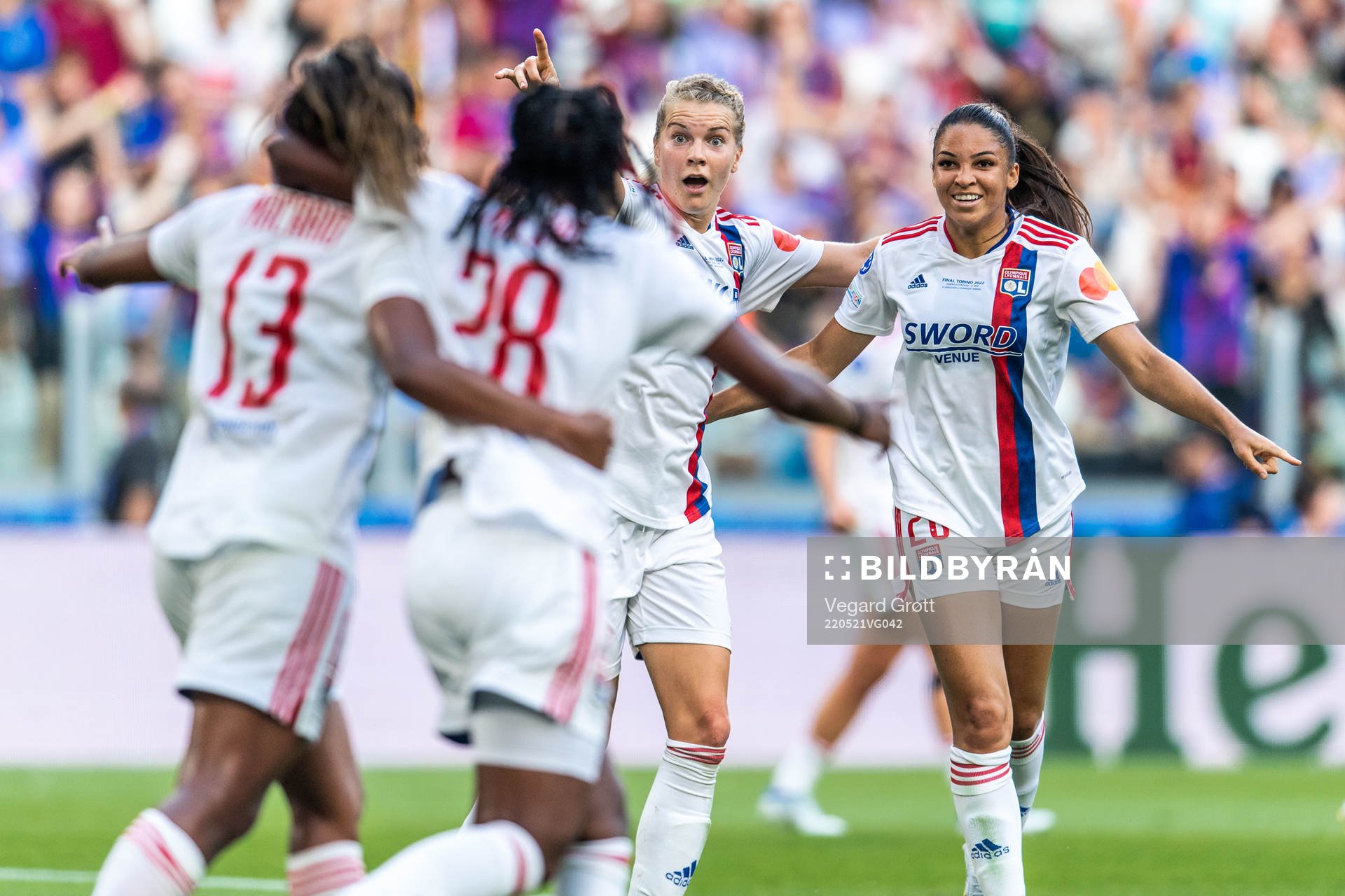 Ada Hegerberg of Lyon celebrates 0-3 during the UEFA Women's Champions League final match between Barcelona and Lyon on May 21, 2022 in Turin.