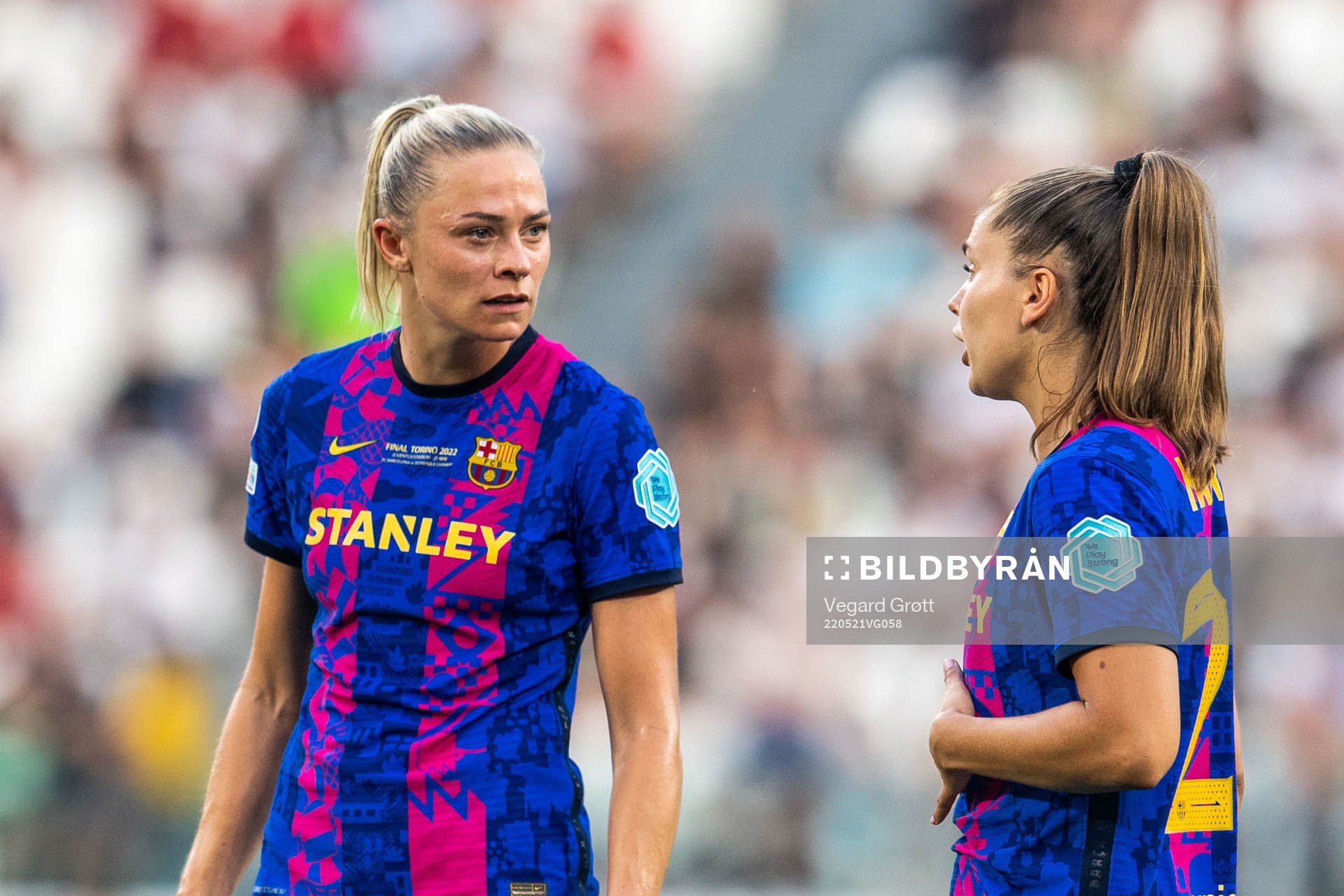 Fridolina Rolfö and Lieke Martens of Barcelona during the UEFA Women's Champions League final match between Barcelona and Lyon on May 21, 2022 in Turin.
