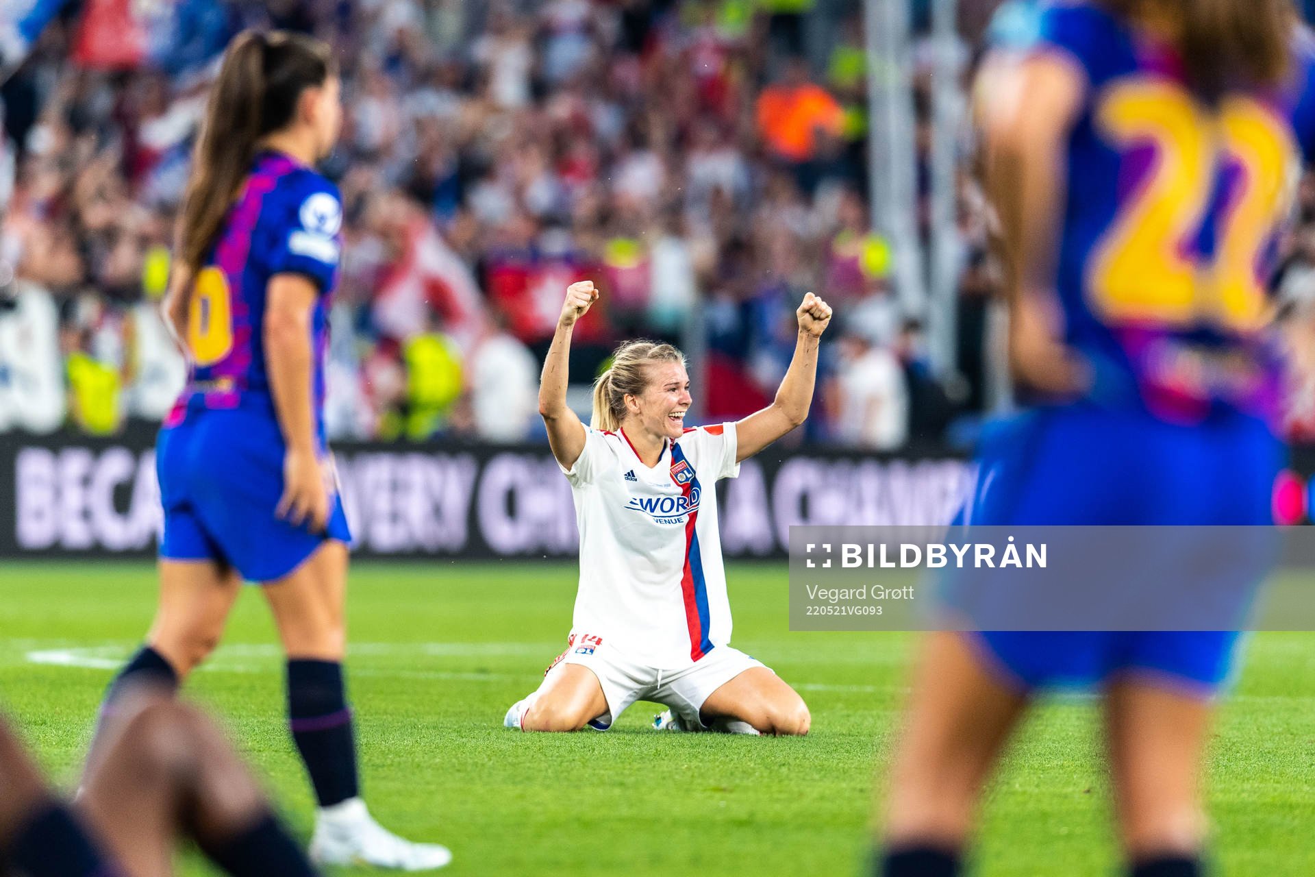 Ada Hegerberg of Lyon celebrates winning the UEFA Women's Champions League final match between Barcelona and Lyon on May 21, 2022 in Turin.