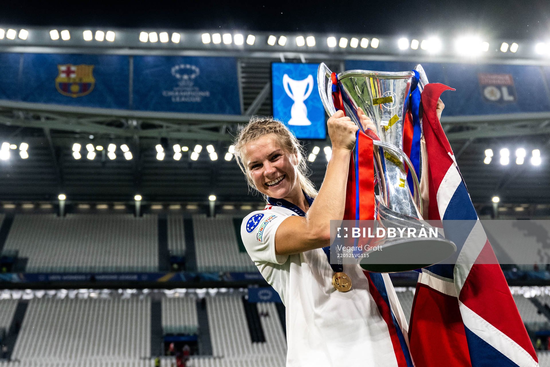 Ada Hegerberg of Lyon celebrates winning the UEFA Women's