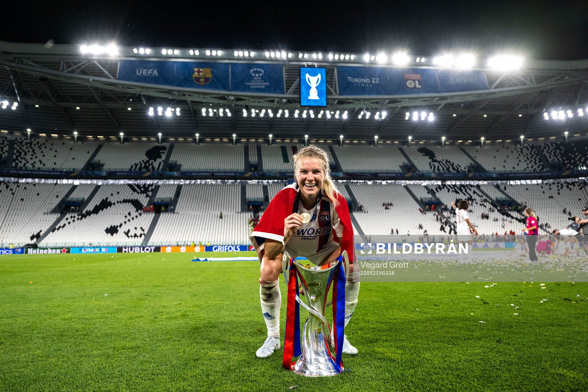 Ada Hegerberg of Lyon celebrates winning the UEFA Women's Champions League final match between Barcelona and Lyon on May 21, 2022 in Turin. 