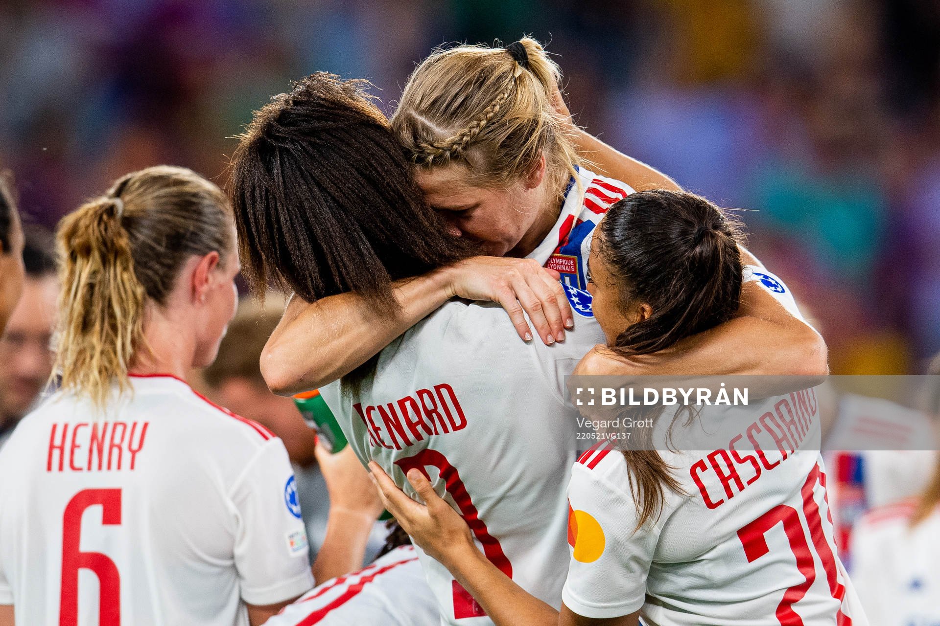 Wendie Renard, Ada Hegerberg and Delphine Cascarino of Lyon