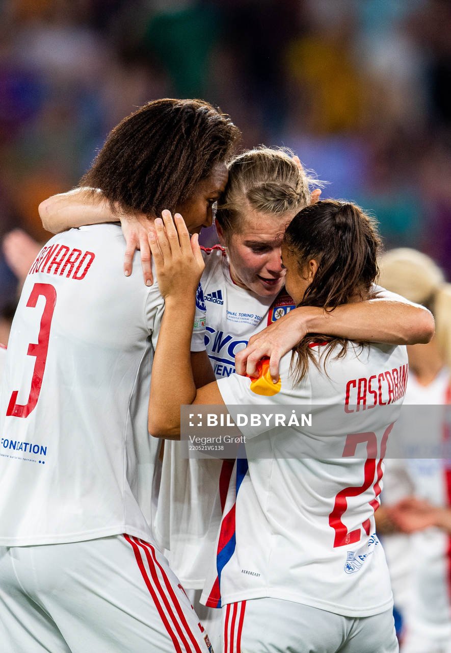 Wendie Renard, Ada Hegerberg and Delphine Cascarino of Lyon