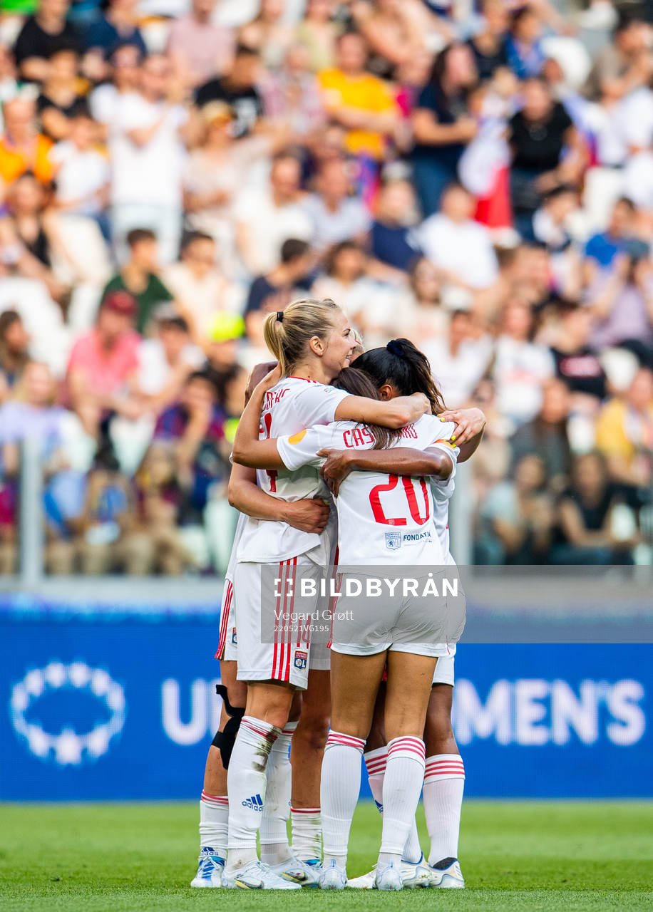 Ada Hegerberg of Lyon celebrates with teammates after scoring 0-2 during the UEFA Women's Champions League final match between Barcelona and Lyon on May 21, 2022 in Turin.