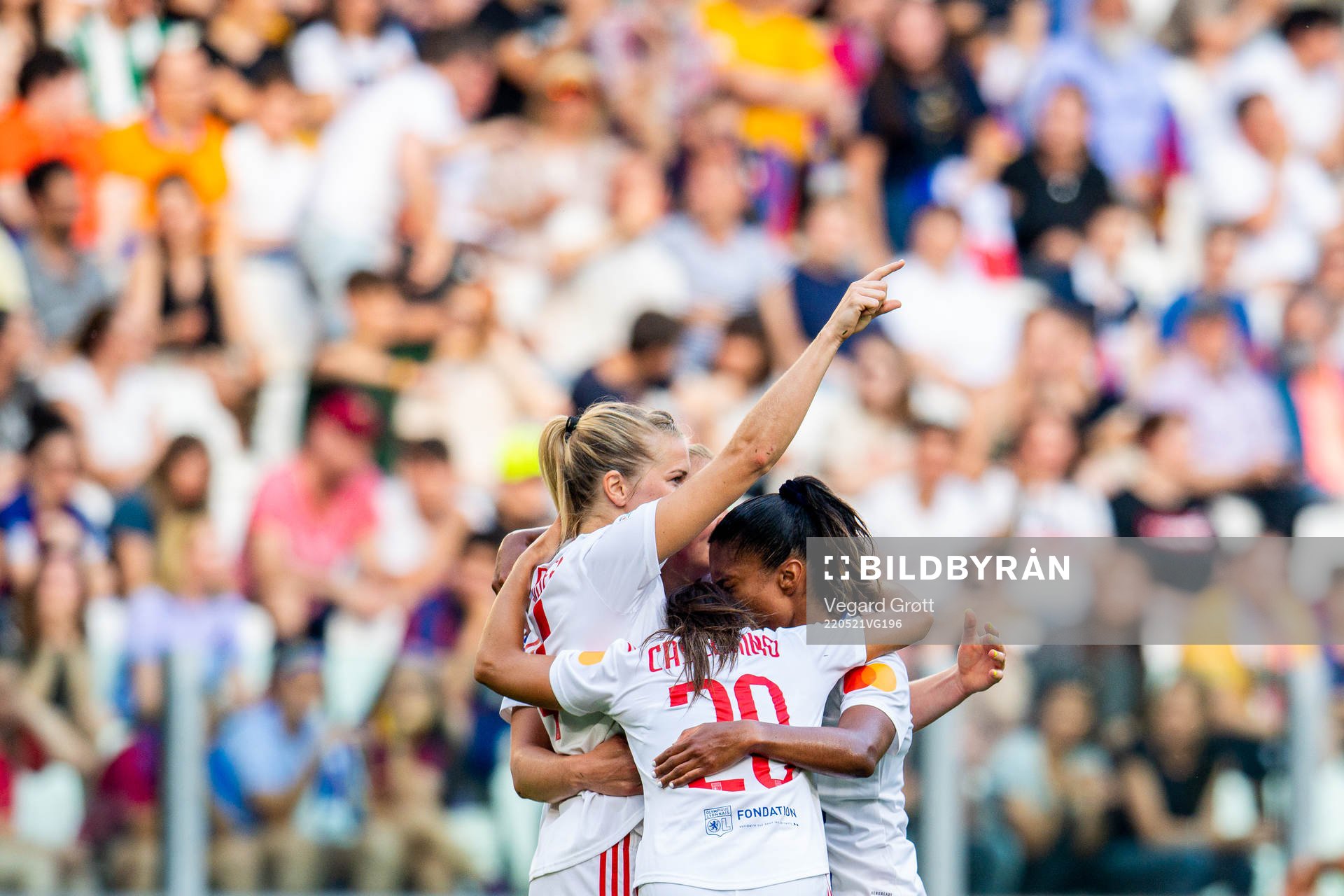 Ada Hegerberg of Lyon celebrates with teammates after scoring 0-2 during the UEFA Women's Champions League final match between Barcelona and Lyon on May 21, 2022 in Turin. 
