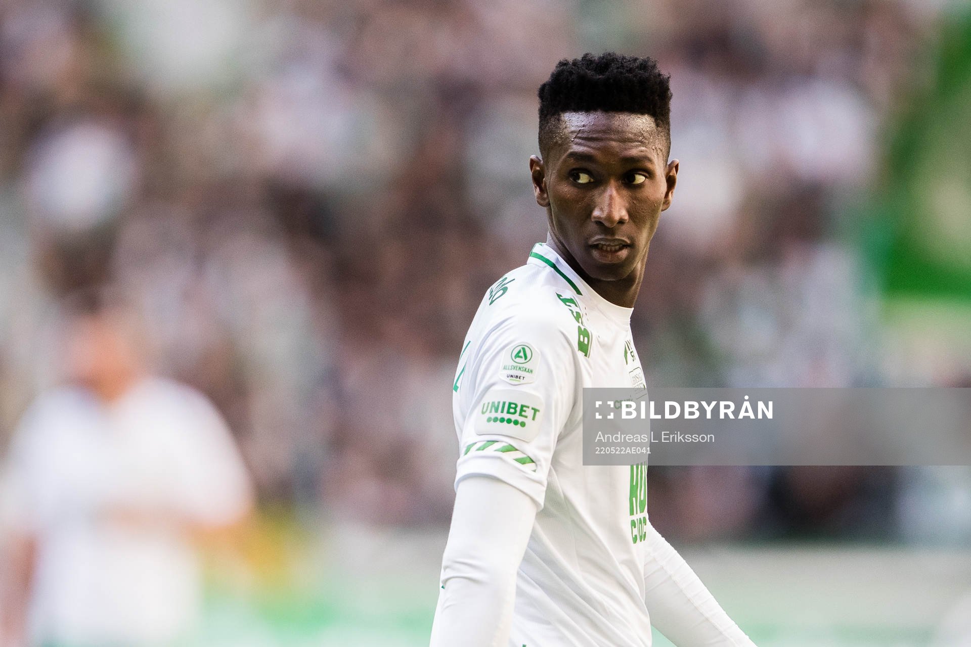 Hammarbys Bubacarr Trawally under fotbollsmatchen i Allsvenskan mellan Hammarby och IFK Norrköping den 22 maj 2022 i Stockholm.