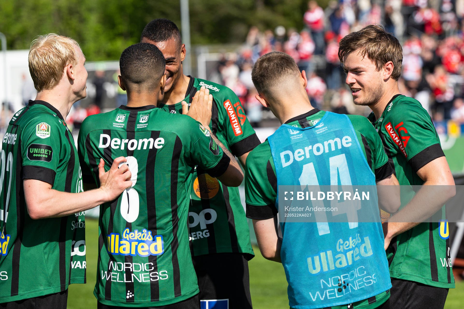 Varbergs spelare jublar efter 2-1  fotbollsmatchen i Allsvenskan mellan Varberg och Degerfors den 22 maj 2022 i Varberg. 