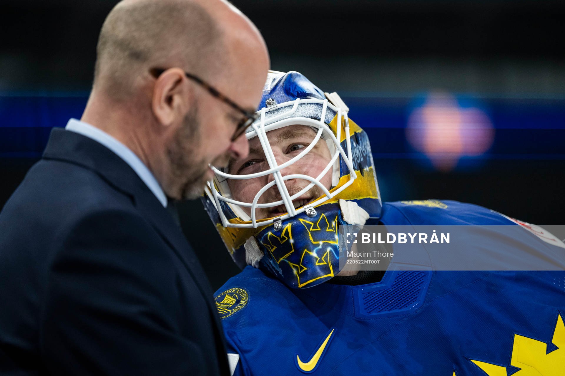 Goaltender coach Stefan Ladhe and goaltender Linus Ullmark