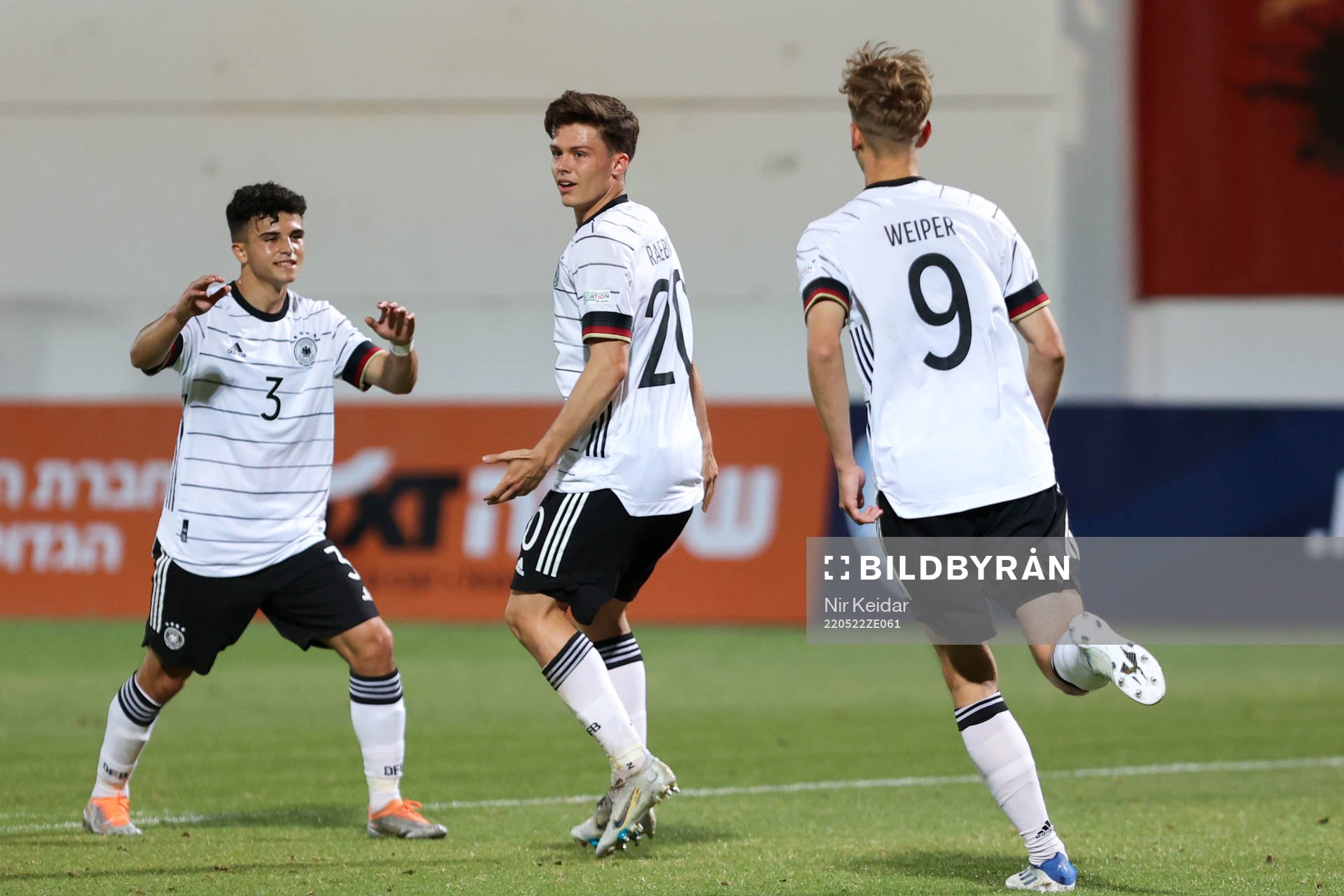 Alexandre Azevedo, Tim Hoffmann and Nelson Weiper celebrate of Germany during the UEFA Under-17 between Germany and Israel on May 22, 2022 in Tel Aviv. 