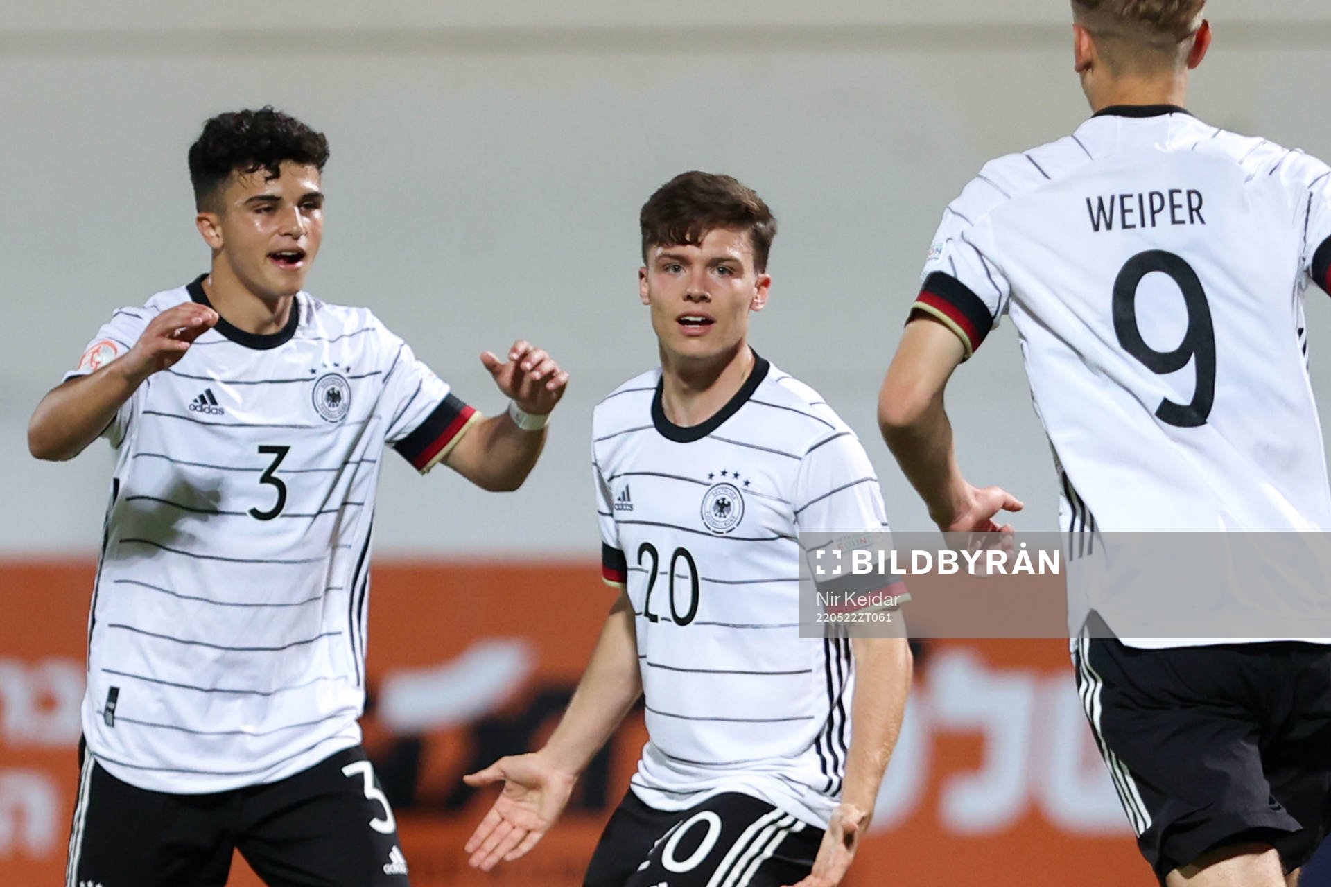 Alexandre Azevedo, Tim Hoffmann and Nelson Weiper celebrate of Germany during the UEFA Under-17 between Germany and Israel on May 22, 2022 in Tel Aviv.