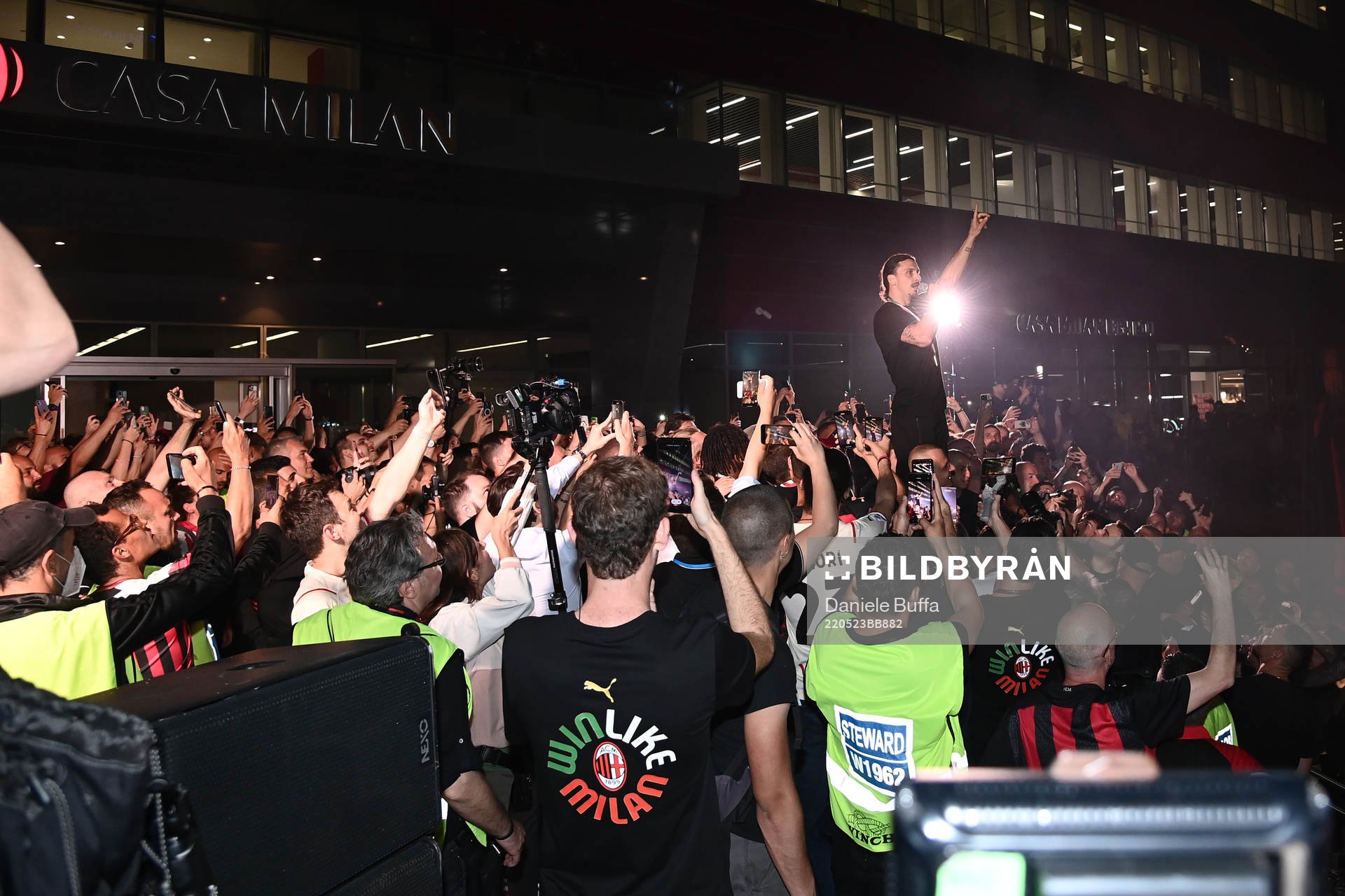 Zlatan Ibrahimovic of AC Milan celebrates with fans