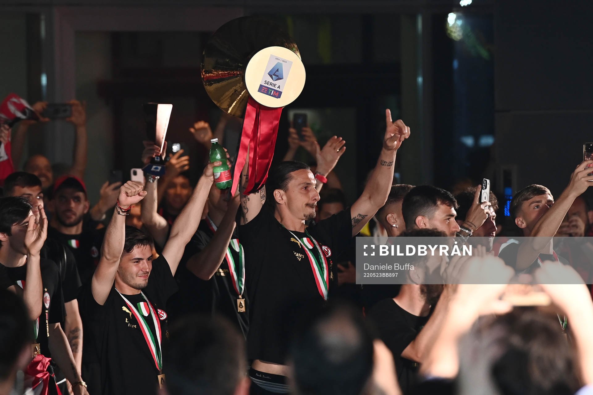 Zlatan Ibrahimovic of AC Milan celebrates with fans