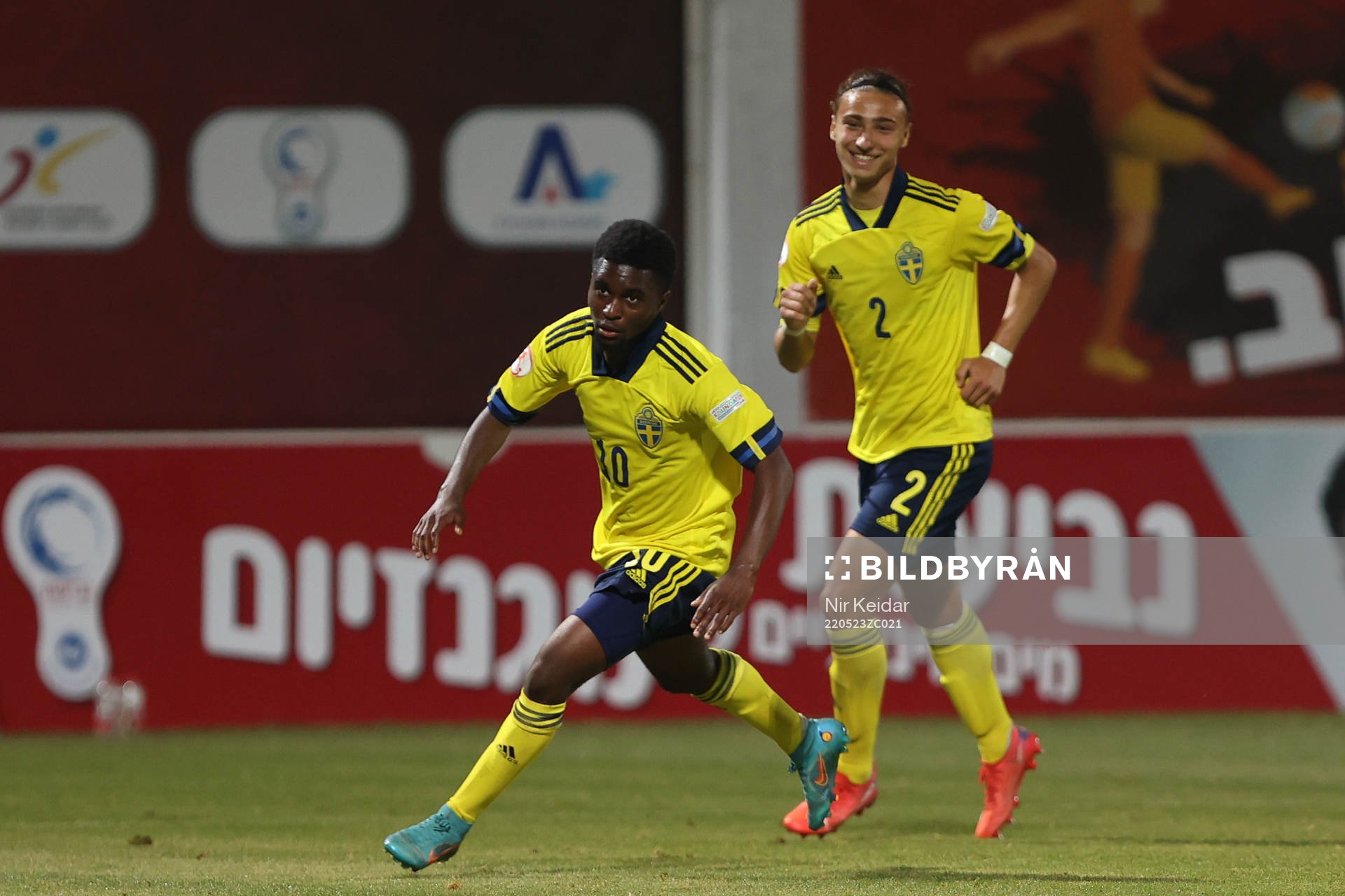 Jardell Kanga of Sweden celebrates after scoring 1-0 during the UEFA Under-17 Championship football match between Sweden and Scotland on May 23, 2022 in Tel Aviv.